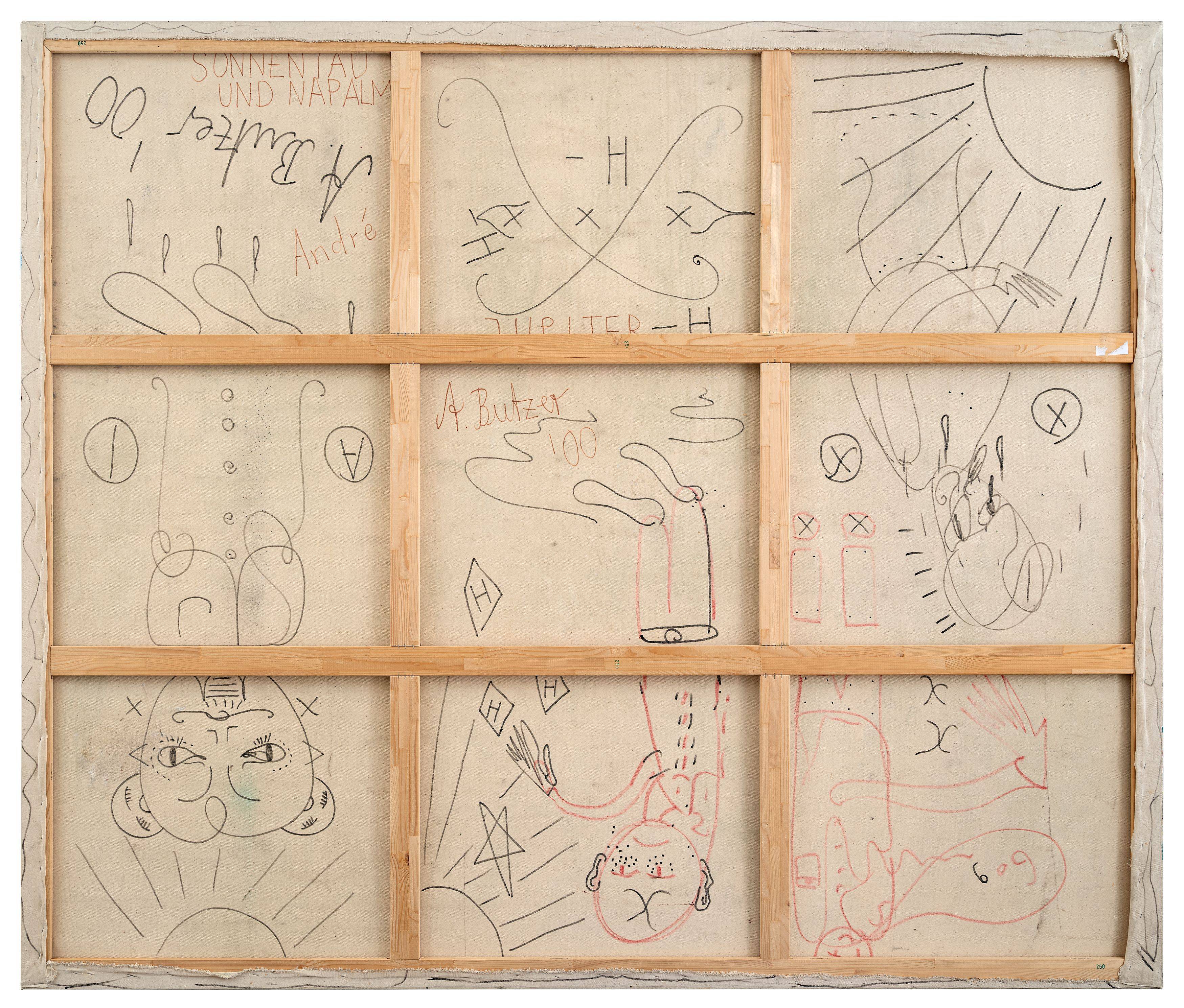 Auf diesem Bild ist das folgende Kunstwerk zu sehen: André Butzer. „Sonnentau und Napalm (VERSPERRT NICHT DIE PFADE DER FEEN!)“. 2000.