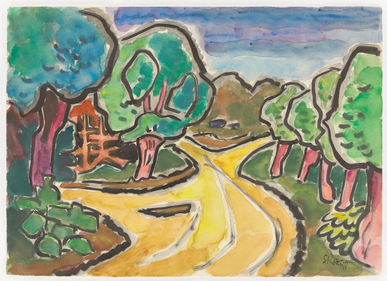 Auf diesem Bild ist das folgende Kunstwerk zu sehen: Karl Schmidt-Rottluff. „Weiden am Weg“. 1955.