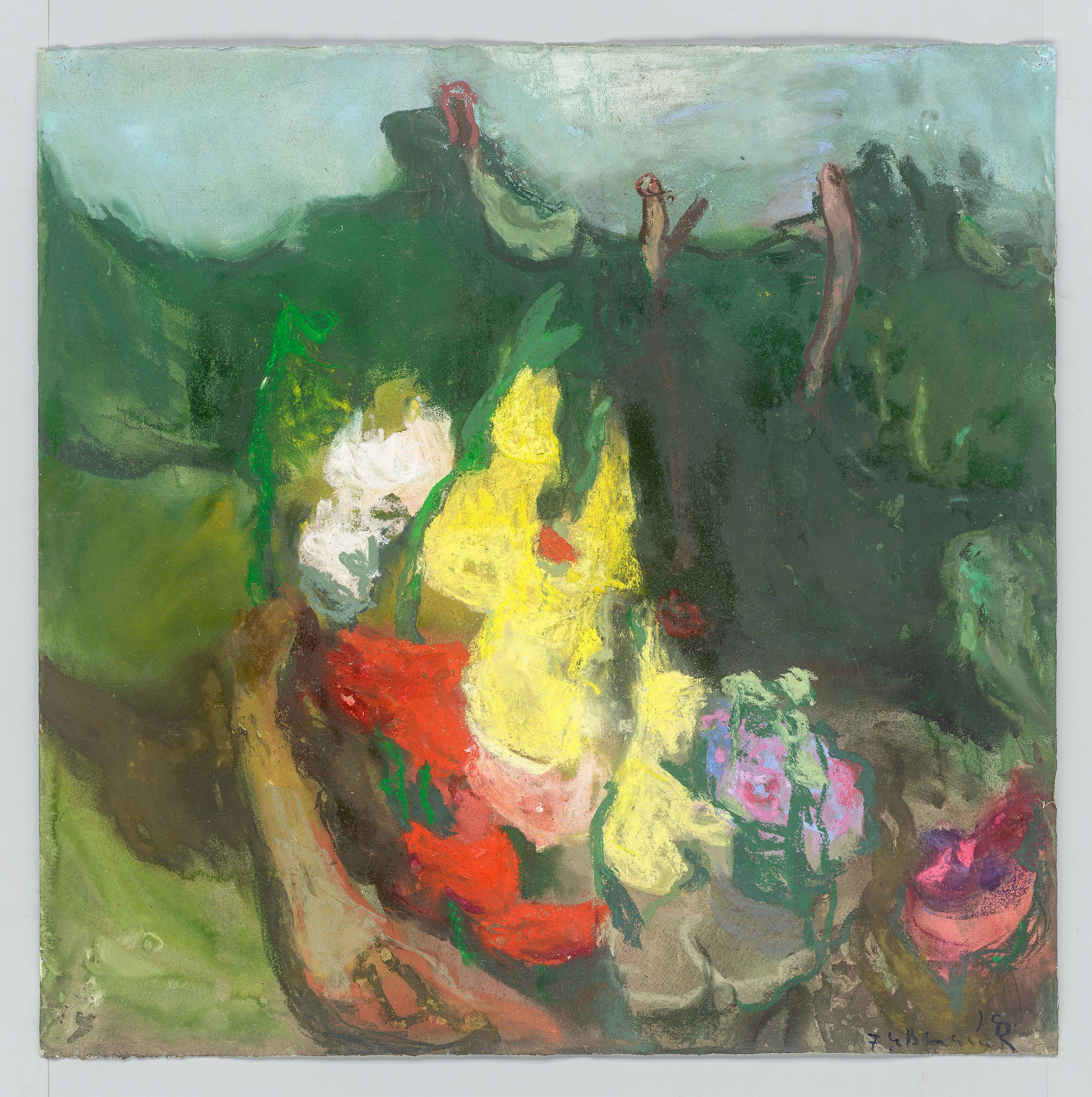 Auf diesem Bild ist das folgende Kunstwerk zu sehen: Klaus Fußmann. Blumen in Landschaft. 1992.