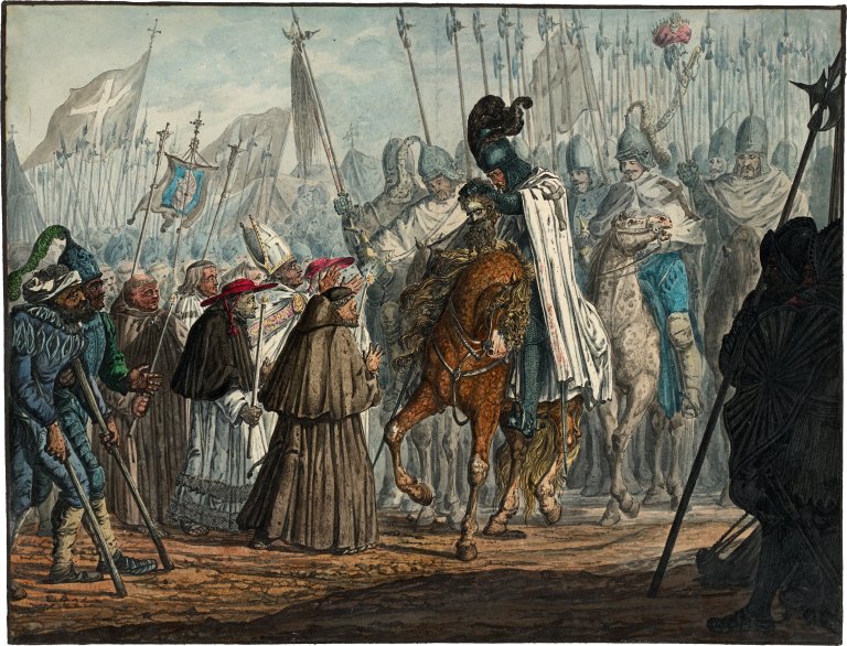 This picture shows the following artwork: Carl Philipp Fohr. ”Ulrich I. bringt das Haupt des Sultans ins Lager”. 1813/14.