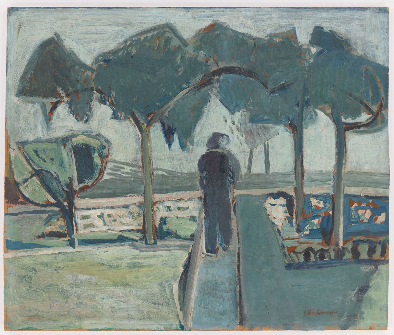 This picture shows the following artwork: Hermann Bachmann. Landscape with a figure from behind. 1950.