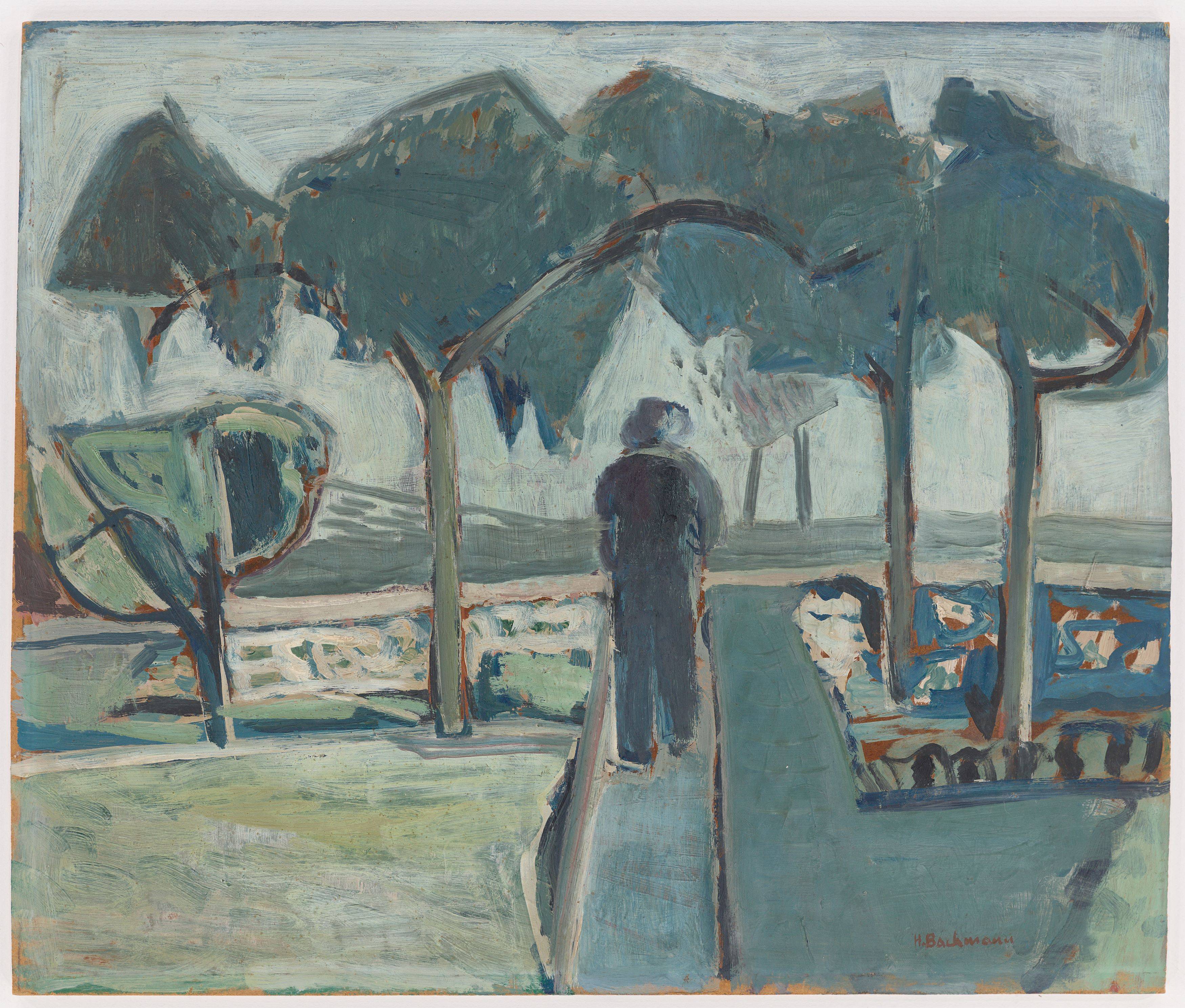 This picture shows the following artwork: Hermann Bachmann. Landscape with a figure from behind. 1950.