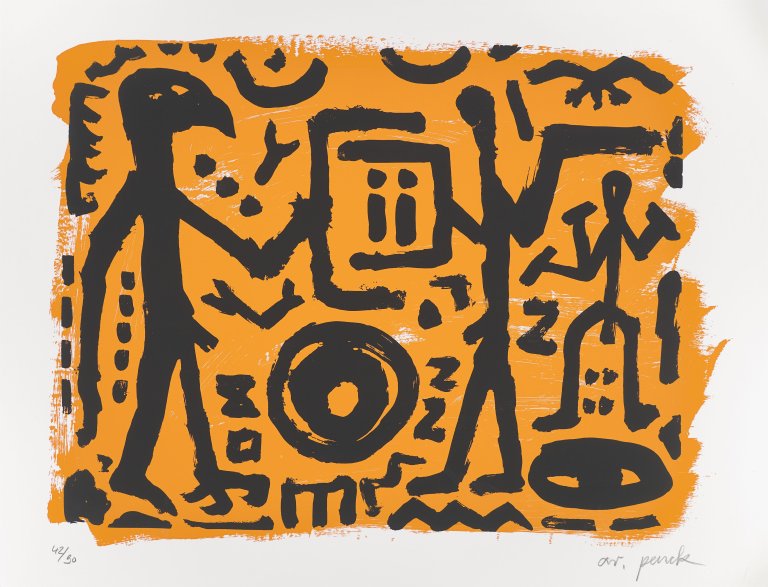 Auf diesem Bild ist das folgende Kunstwerk zu sehen: A.R. Penck. „Falkenkopf, Jäger und Adler“. 1994.