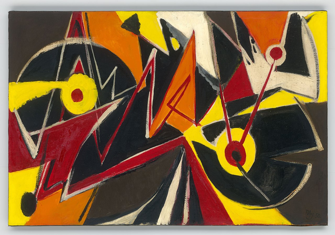 Auf diesem Bild ist das folgende Kunstwerk zu sehen: Ernst Wilhelm Nay. „Um drei rote Punkte“. 1950.