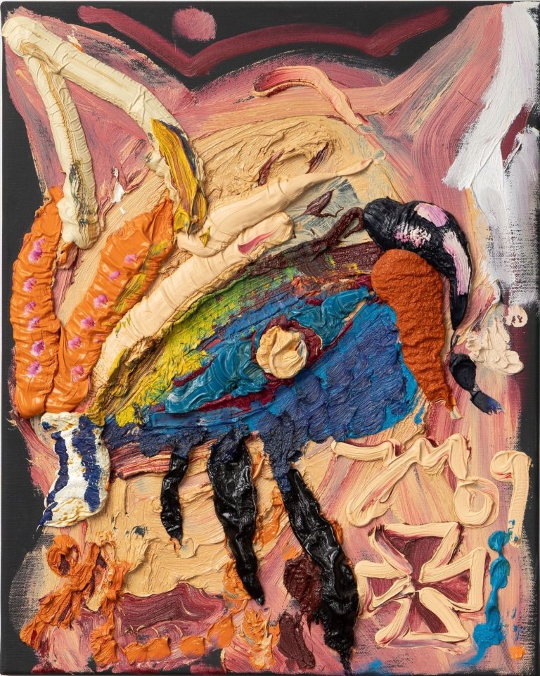 Auf diesem Bild ist das folgende Kunstwerk zu sehen: „DAS „GOLDENE KALB“ WAR SICH SELBST ZU BUNT, SO BUNT WIE KEIN „BUNTER HUND“ IM FRESSNAPF TANZT, wie „kleine schwarze KATZE“. 2009.