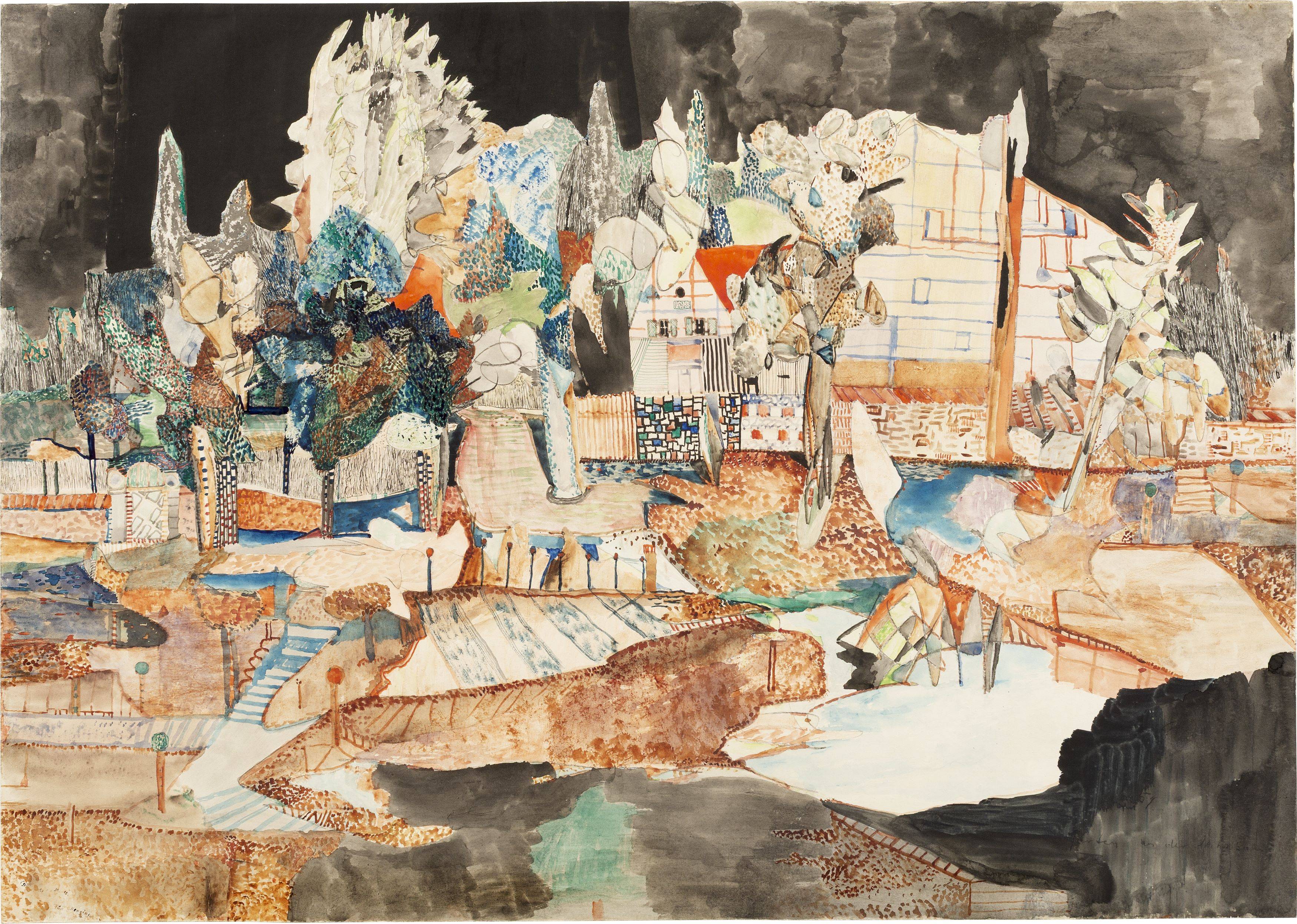 Auf diesem Bild ist das folgende Kunstwerk zu sehen: Gerhard Altenbourg. „Garten an der Spinnbahn“. 1951.