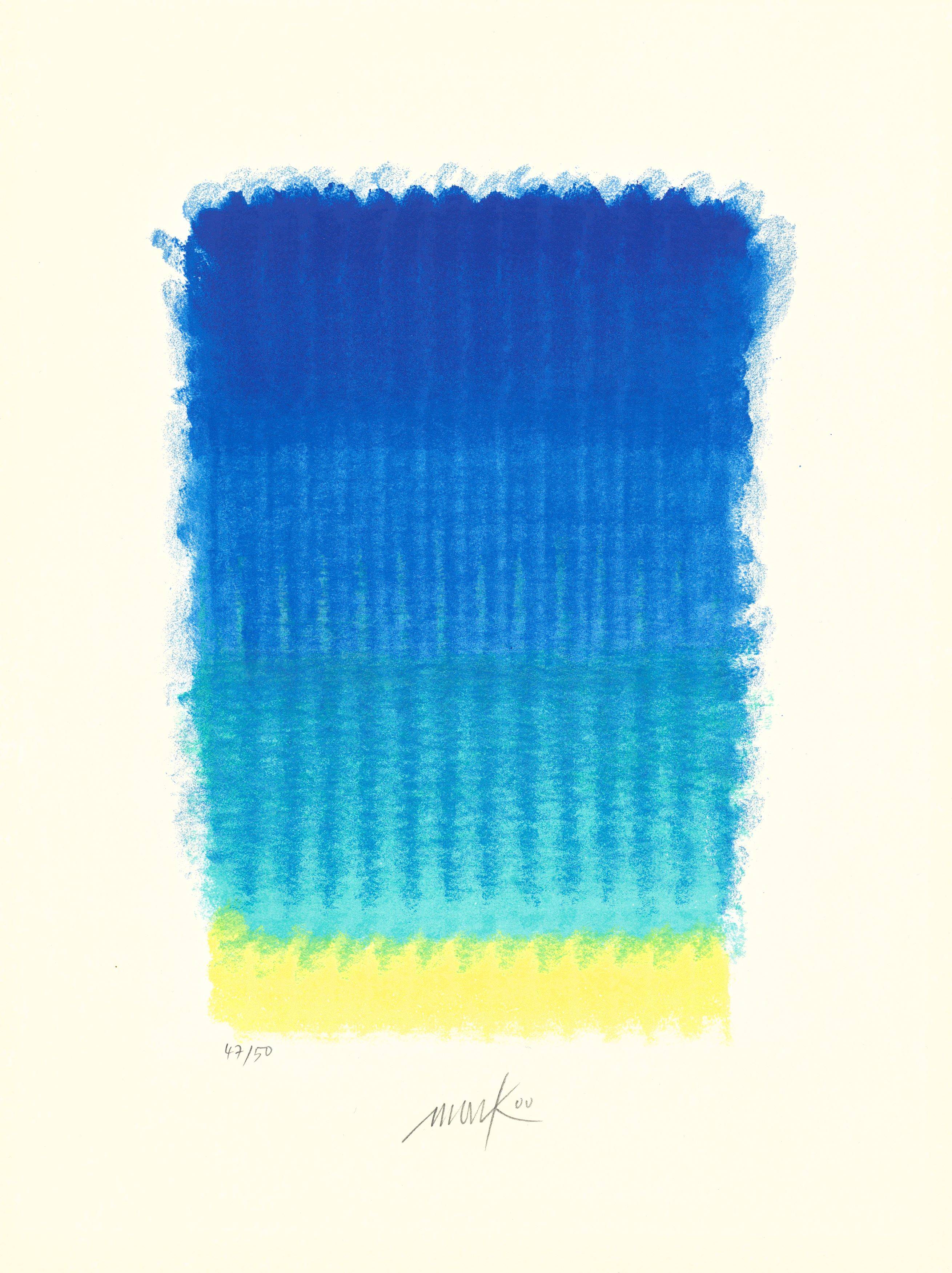 Auf diesem Bild ist das folgende Kunstwerk zu sehen: Heinz Mack. „Chromatik in Blau“. 2000.