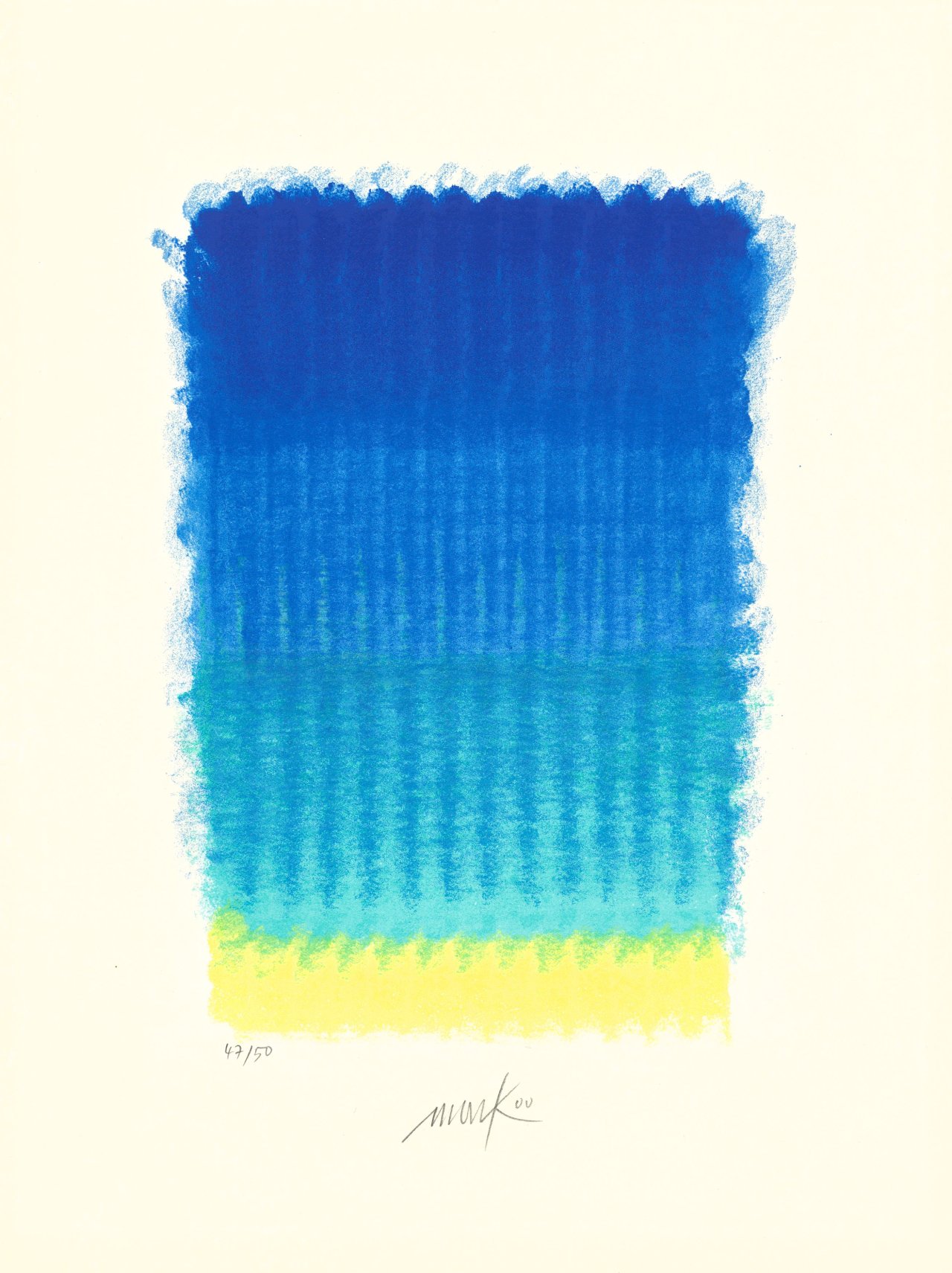 Auf diesem Bild ist das folgende Kunstwerk zu sehen: Heinz Mack. „Chromatik in Blau“. 2000.