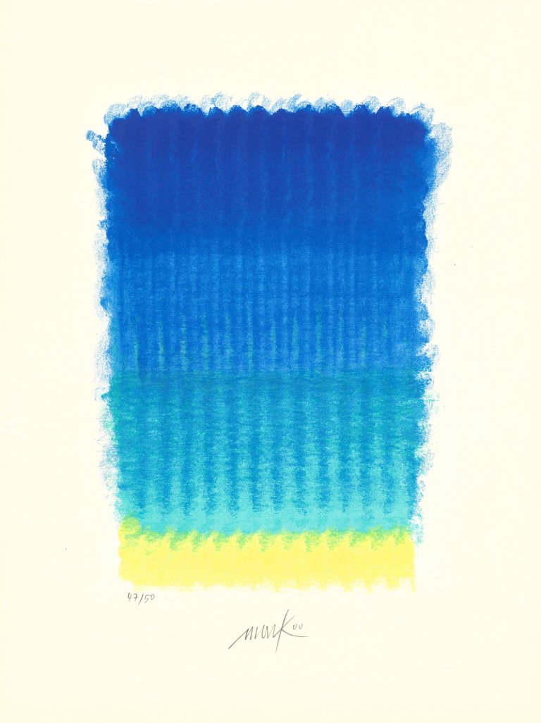 Auf diesem Bild ist das folgende Kunstwerk zu sehen: Heinz Mack. „Chromatik in Blau“. 2000.