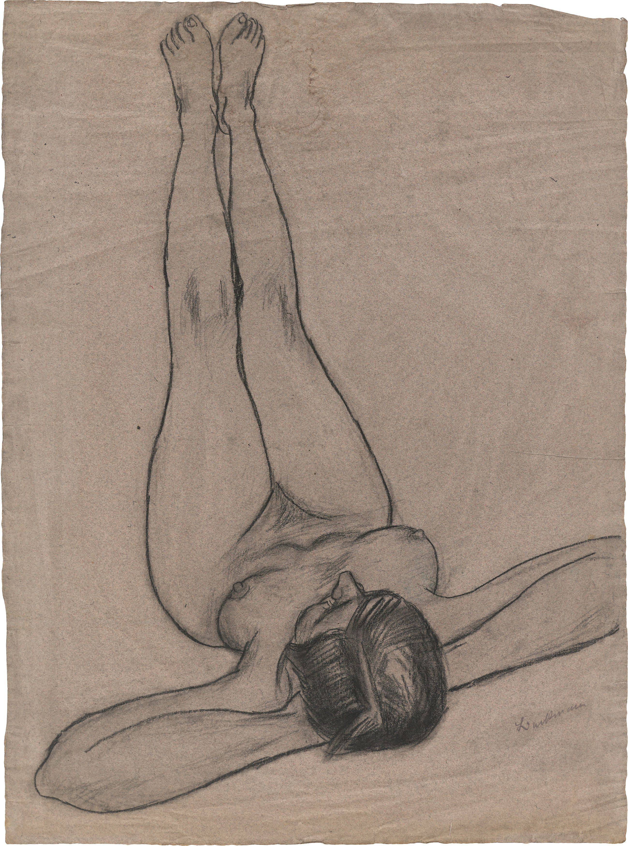 This picture shows the following artwork: Max Beckmann. ”Auf dem Rücken liegender weiblicher Akt mit nach oben gestreckten Beinen (Betty?)”. Circa 1927(?).