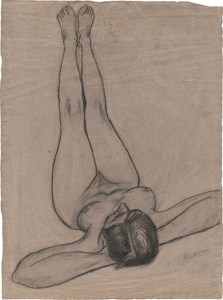 This picture shows the following artwork: Max Beckmann. ”Auf dem Rücken liegender weiblicher Akt mit nach oben gestreckten Beinen (Betty?)”. Circa 1927(?).