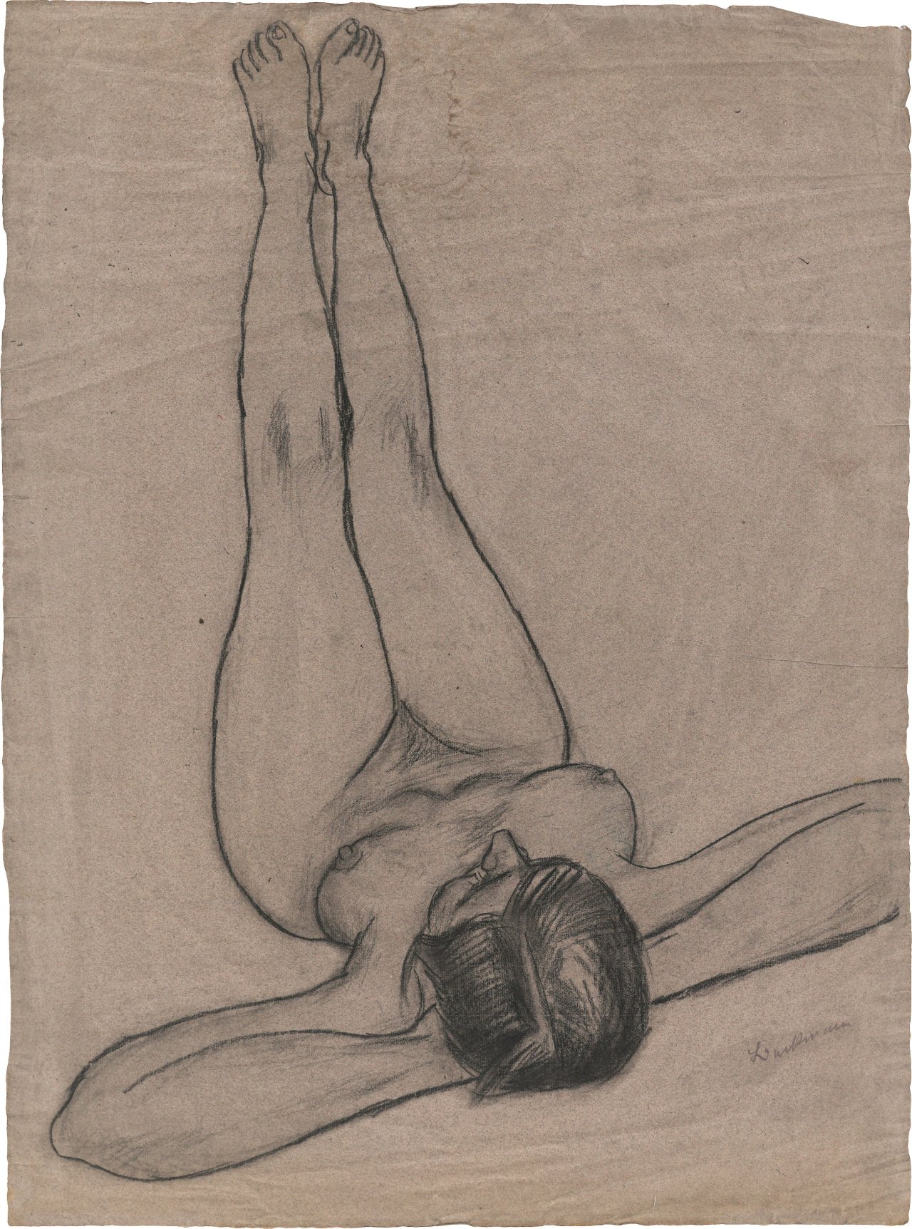 This picture shows the following artwork: Max Beckmann. ”Auf dem Rücken liegender weiblicher Akt mit nach oben gestreckten Beinen (Betty?)”. Circa 1927(?).