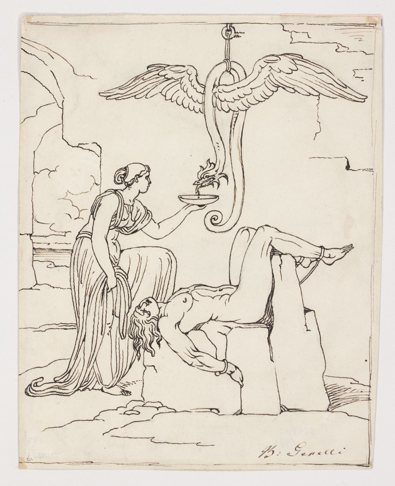 This picture shows the following artwork: Buonaventura Genelli. Signy protects her husband Loki from the snake venom.