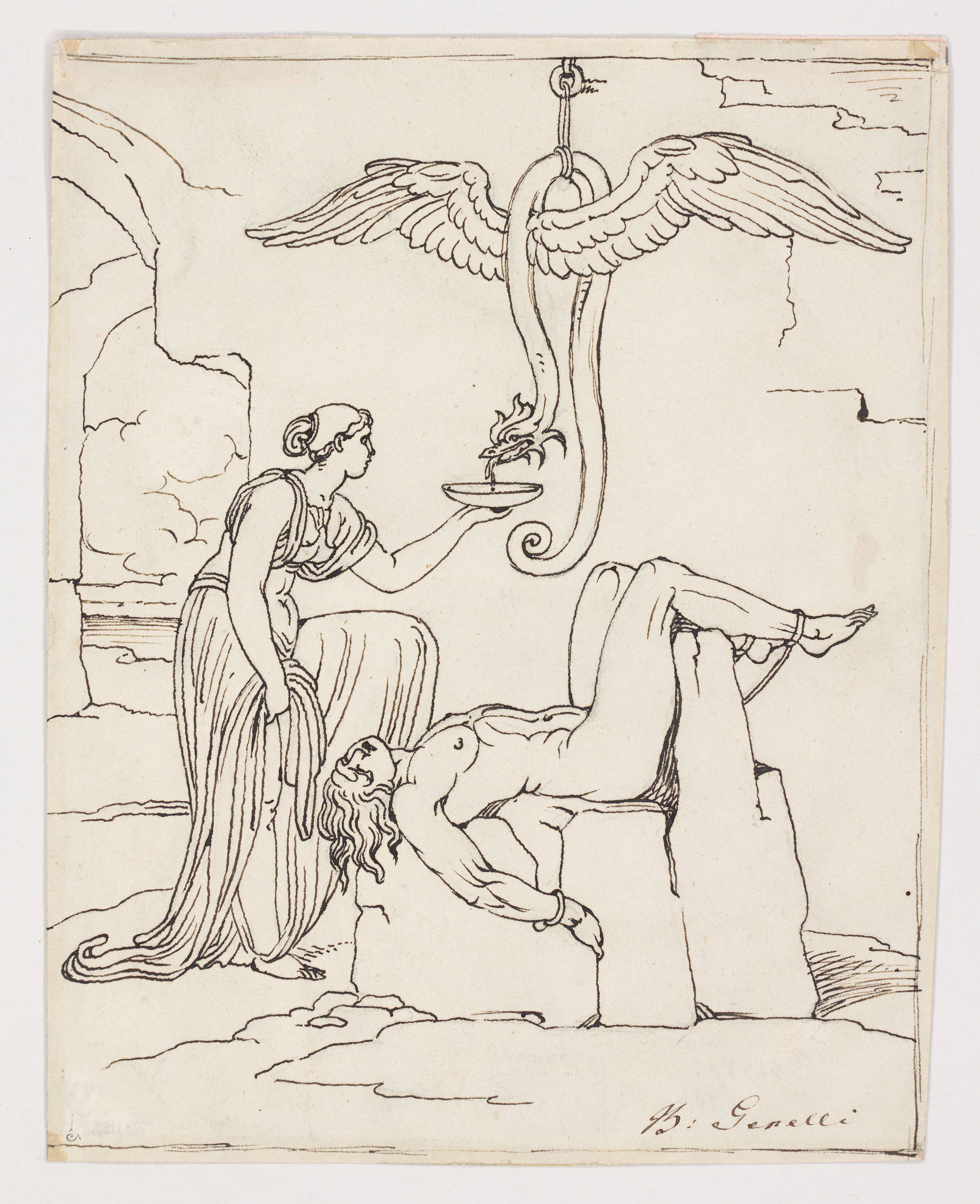 This picture shows the following artwork: Buonaventura Genelli. Signy protects her husband Loki from the snake venom.
