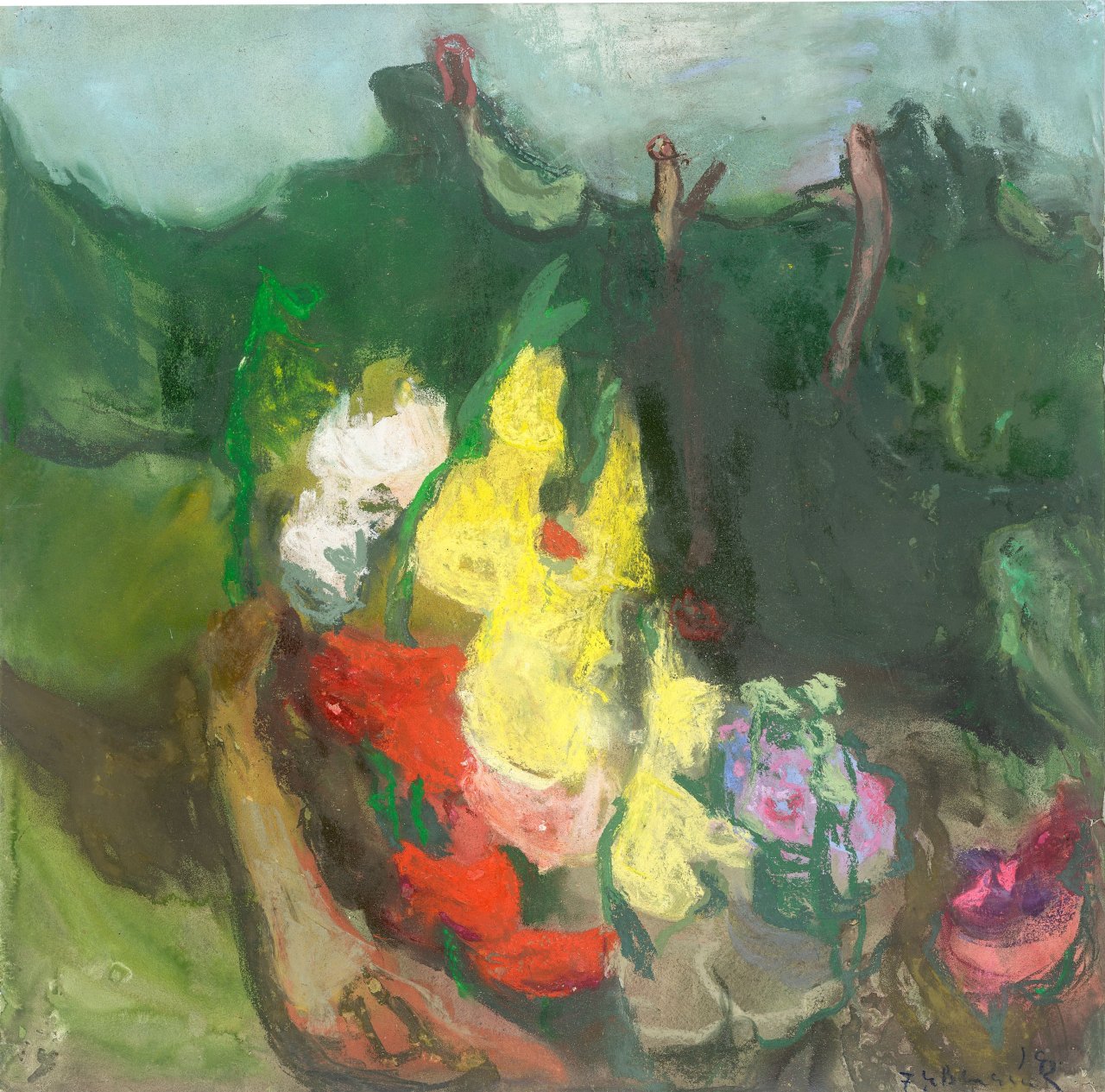 Auf diesem Bild ist das folgende Kunstwerk zu sehen: Klaus Fußmann. Blumen in Landschaft. 1992.