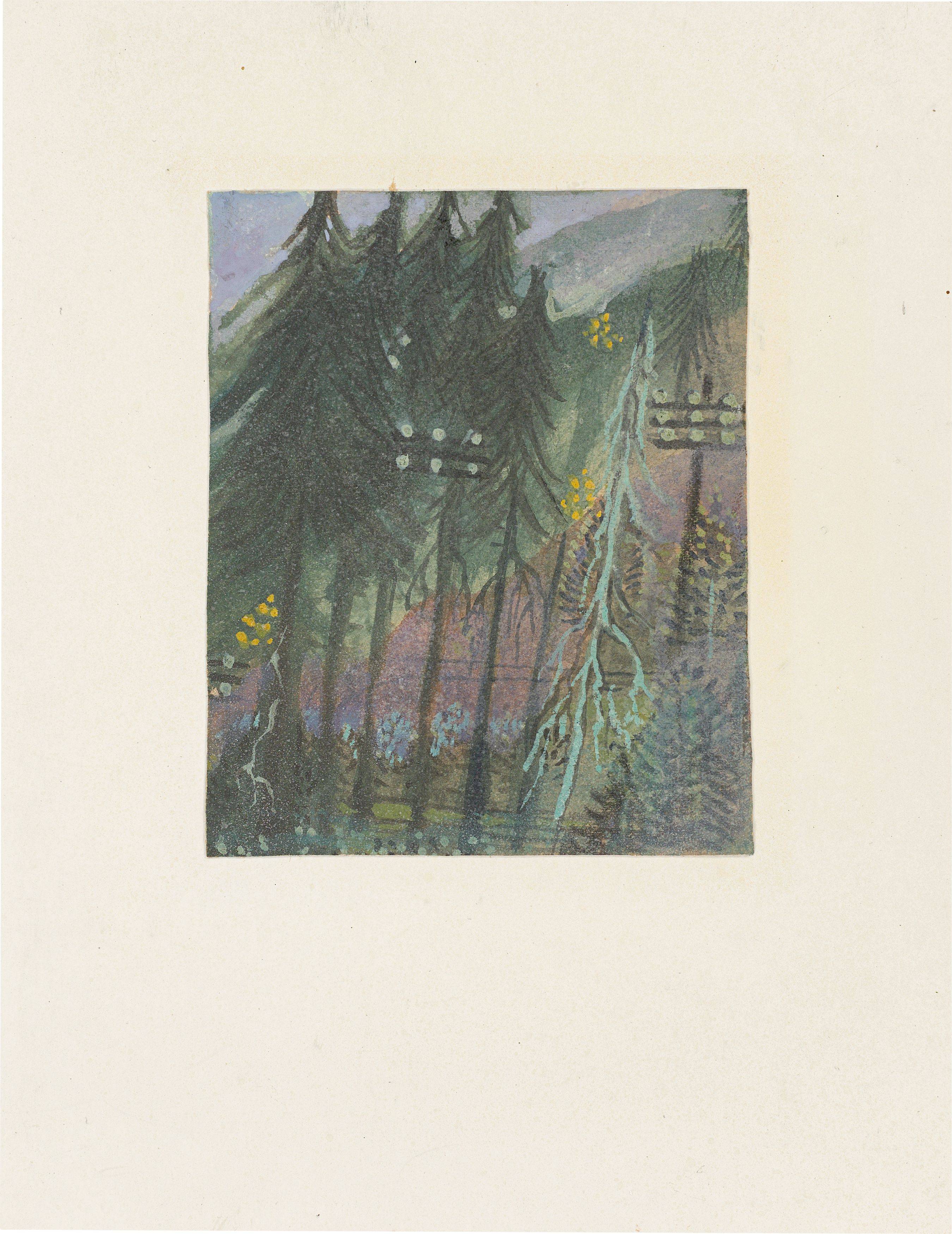 Auf diesem Bild ist das folgende Kunstwerk zu sehen: Gottfried Brockmann. „Telegrafenmasten im Wald“, aus der Serie „Eifelwanderung“. 1927.