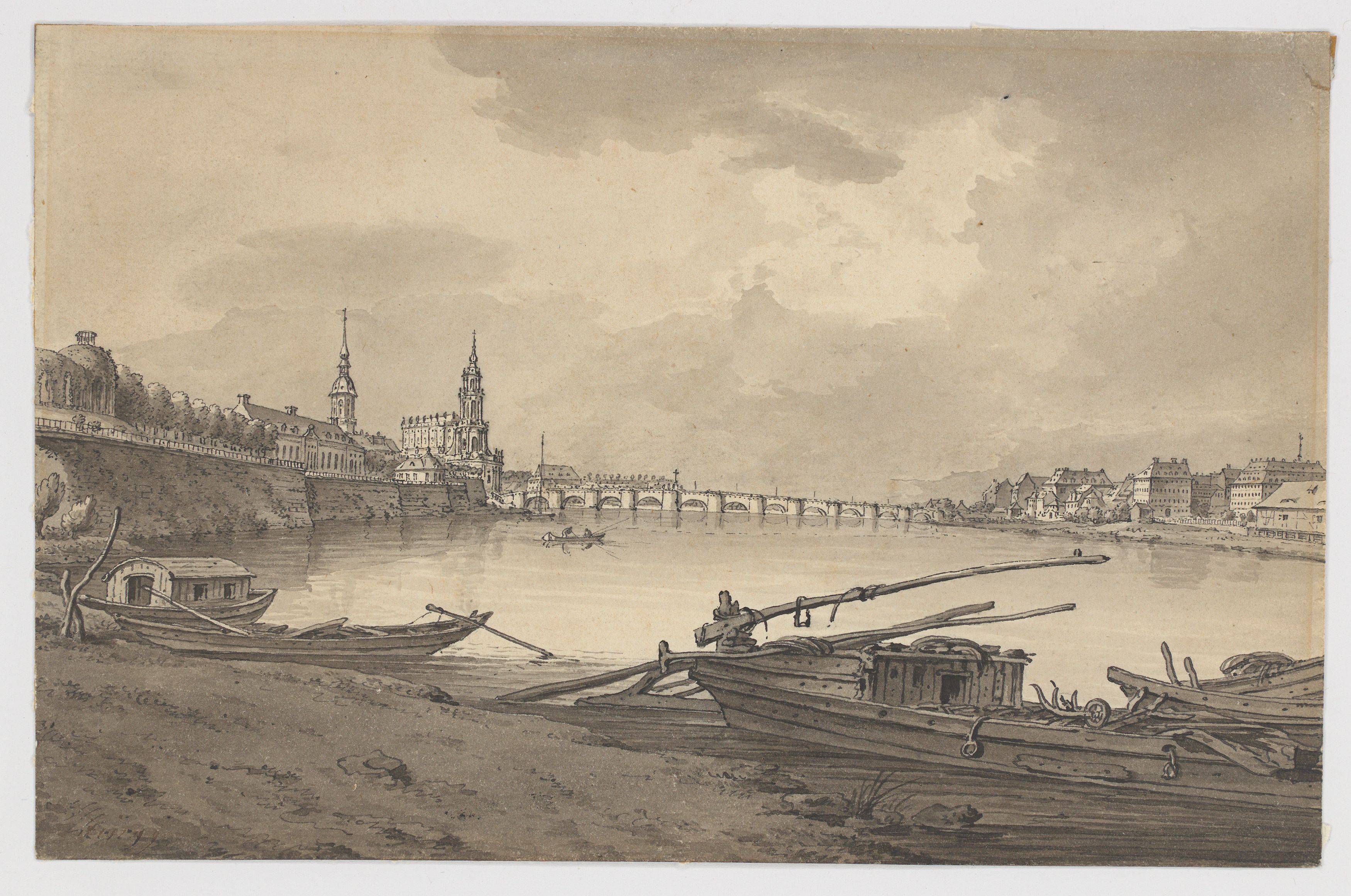 This picture shows the following artwork: Adrian Zingg. View of Dresden with Augustus Bridge and court chapel.