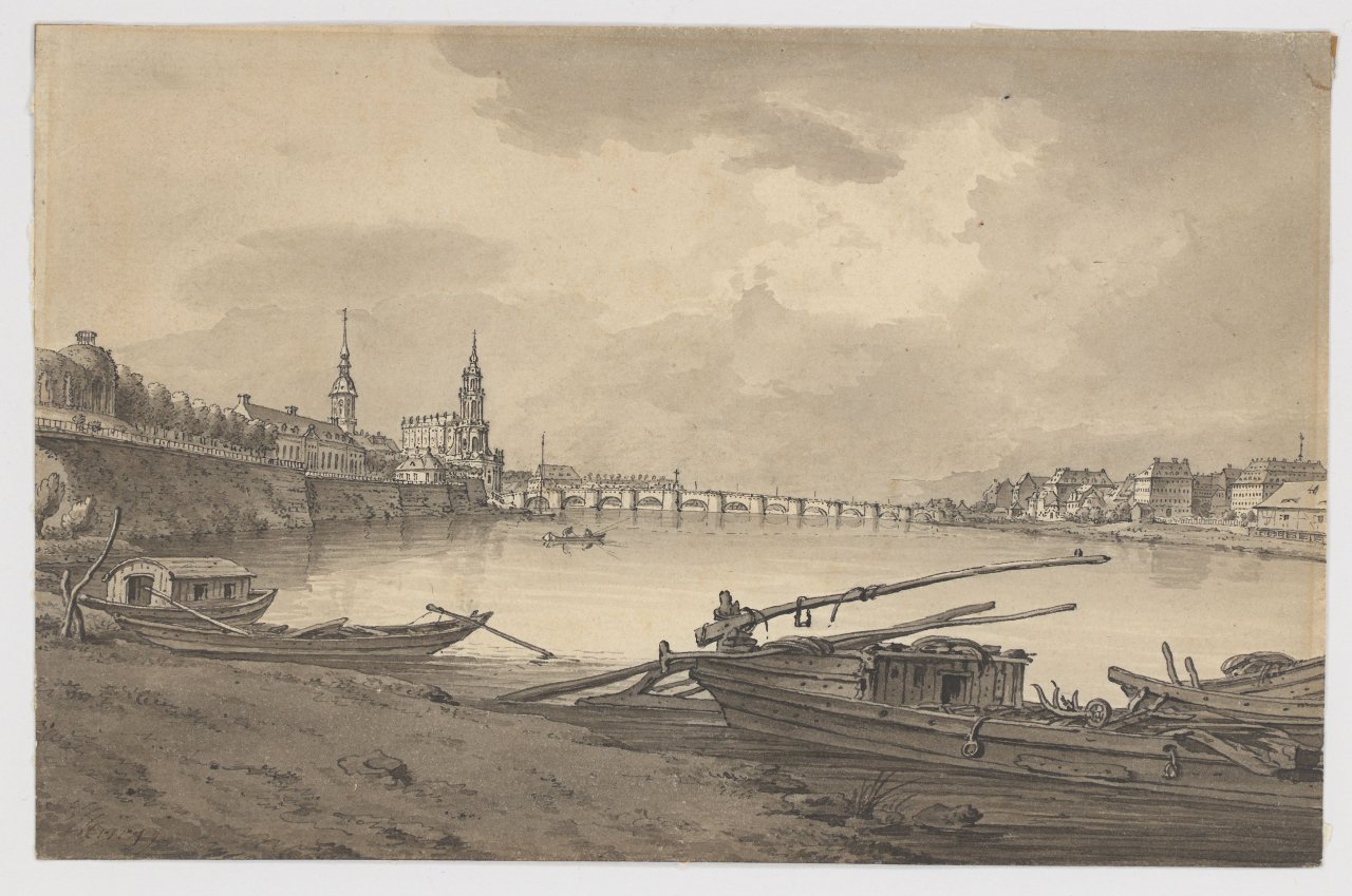 This picture shows the following artwork: Adrian Zingg. View of Dresden with Augustus Bridge and court chapel.