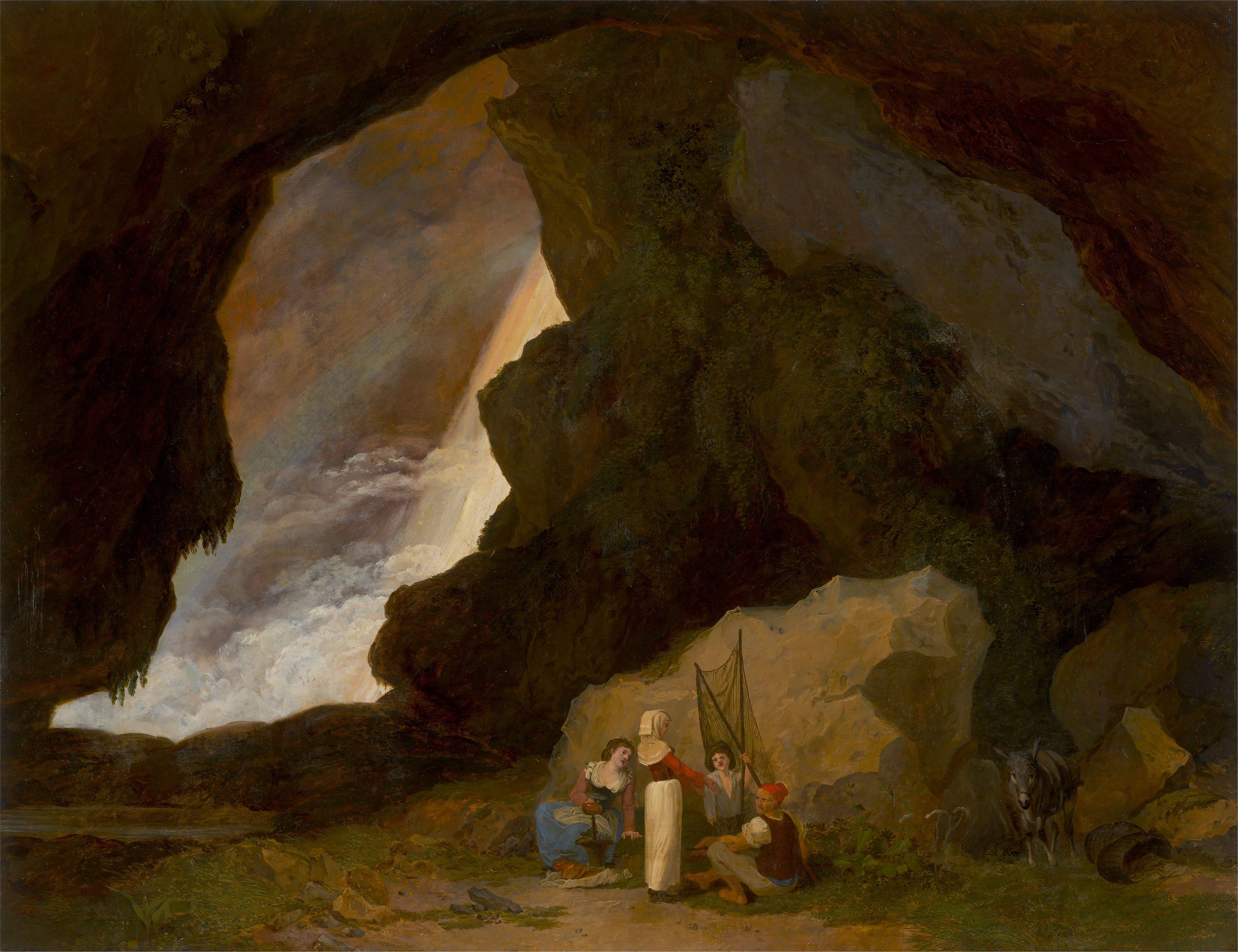 This picture shows the following artwork:  German, circa 1830. Group of figures in a dark grotto. Circa 1830.