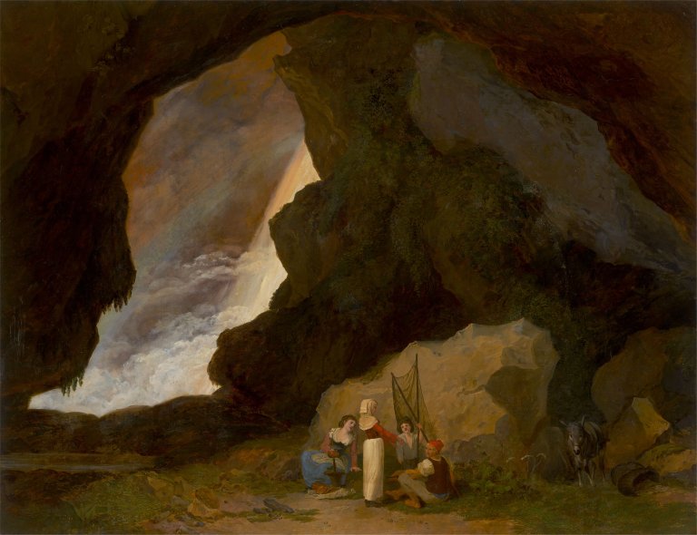 This picture shows the following artwork: German, circa 1830. Group of figures in a dark grotto. Circa 1830.
