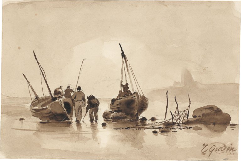 Auf diesem Bild ist das folgende Kunstwerk zu sehen: Théodore Gudin. Fischerboote am Strand.