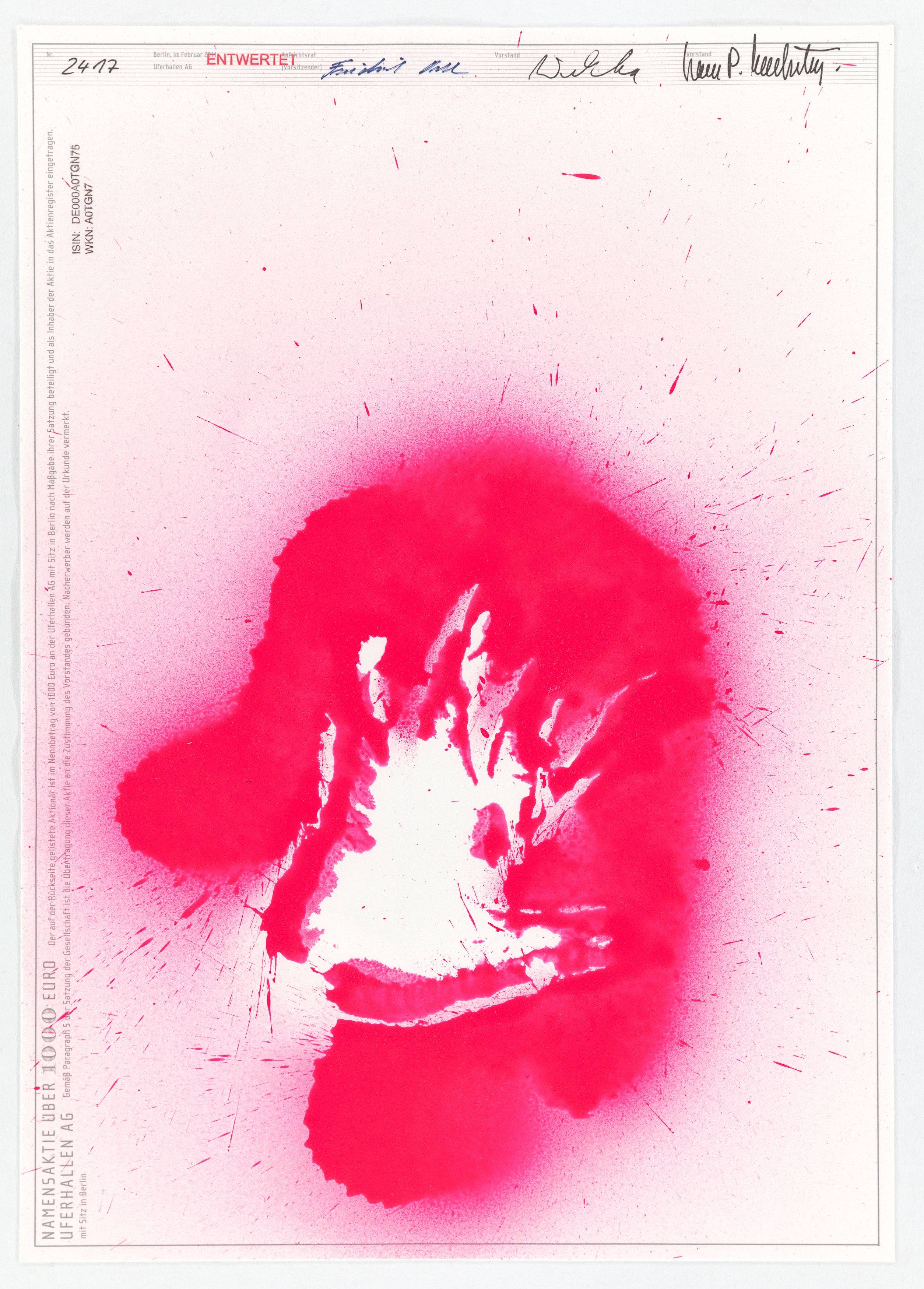 This picture shows the following artwork: Katharina Grosse. Drei Kunstaktien der UferHallen AG. 2011.