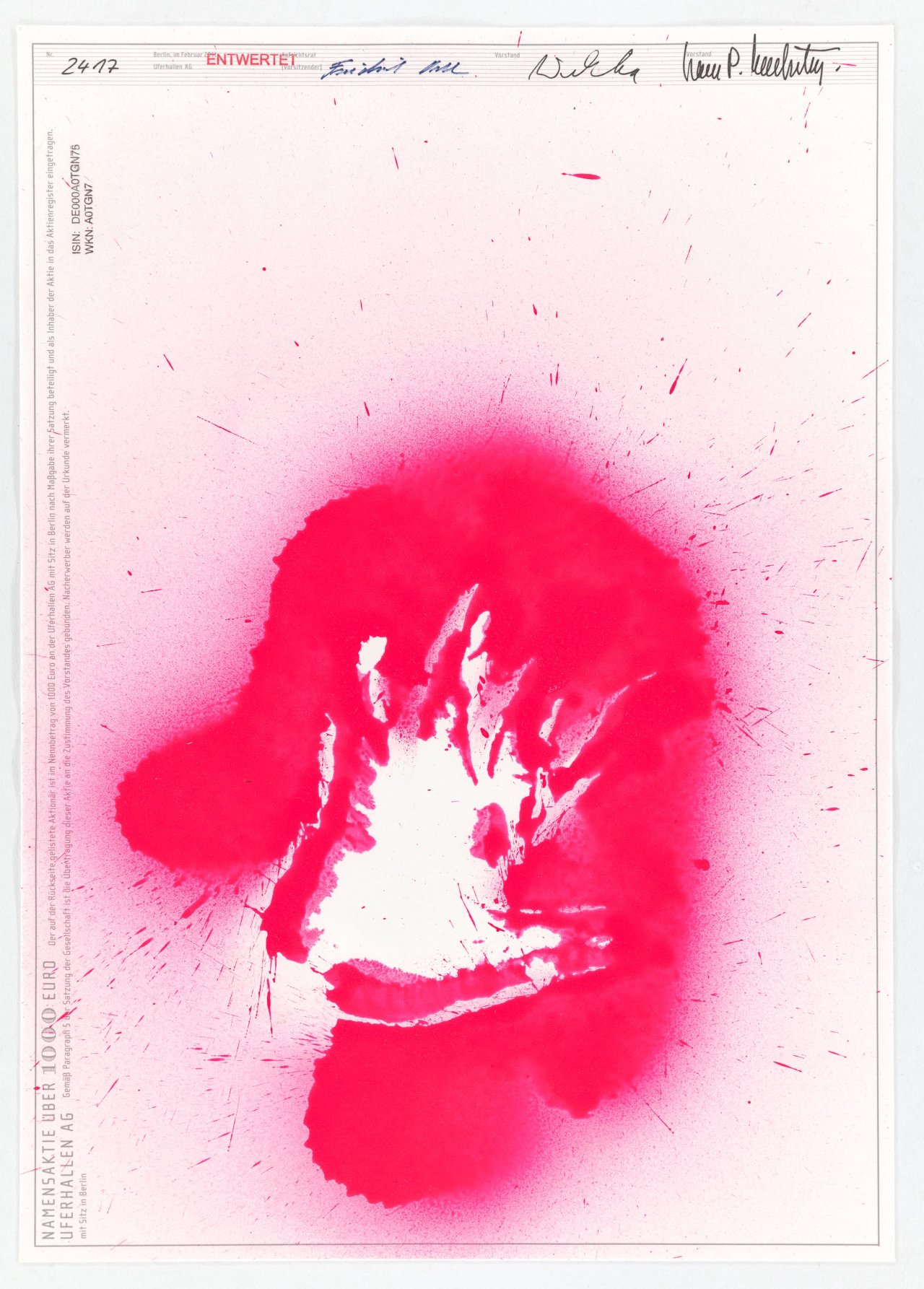 This picture shows the following artwork: Katharina Grosse. Drei Kunstaktien der UferHallen AG. 2011.