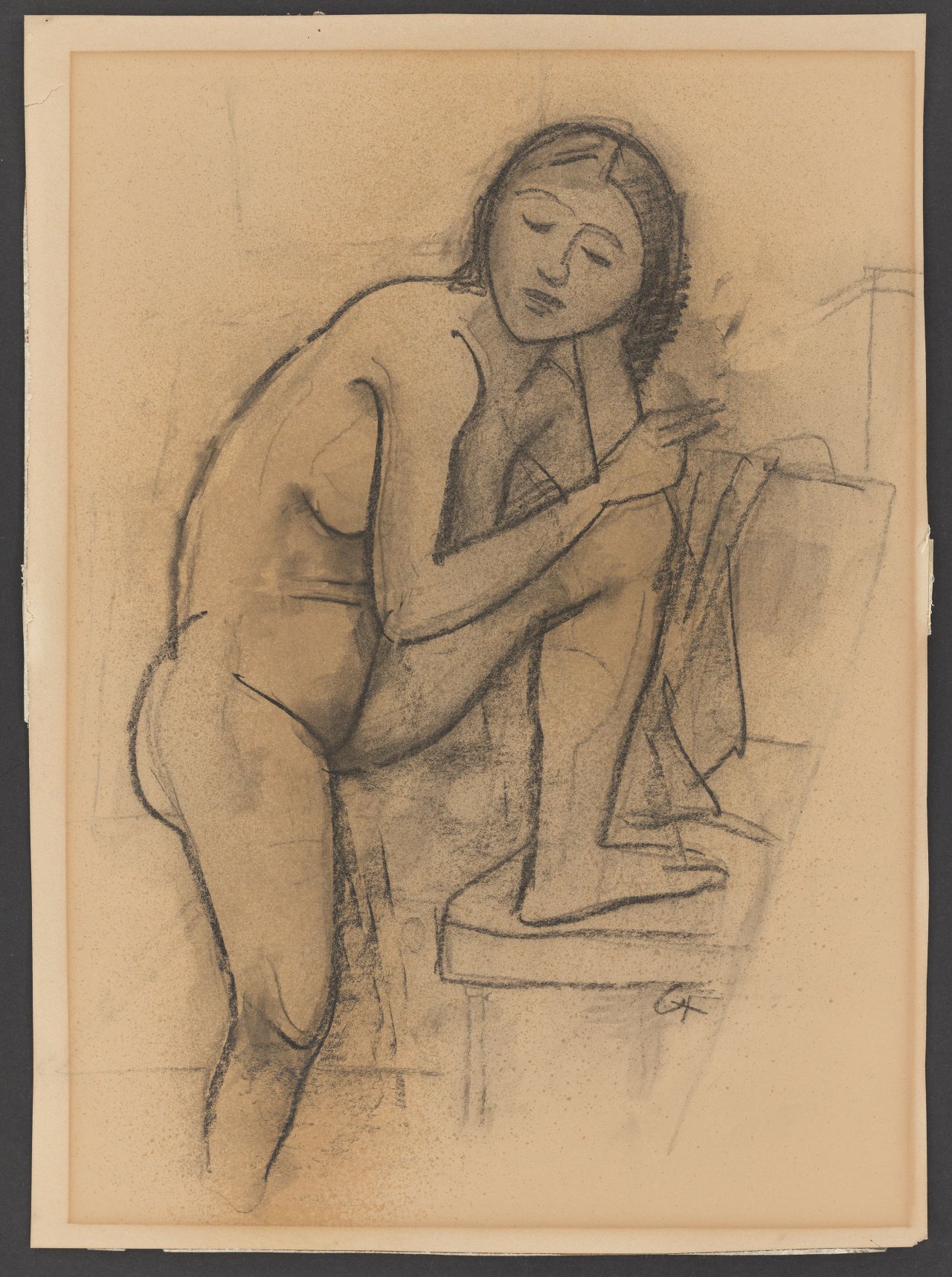 This picture shows the following artwork: Karl Hofer. Female Nude, one leg on a chair.
