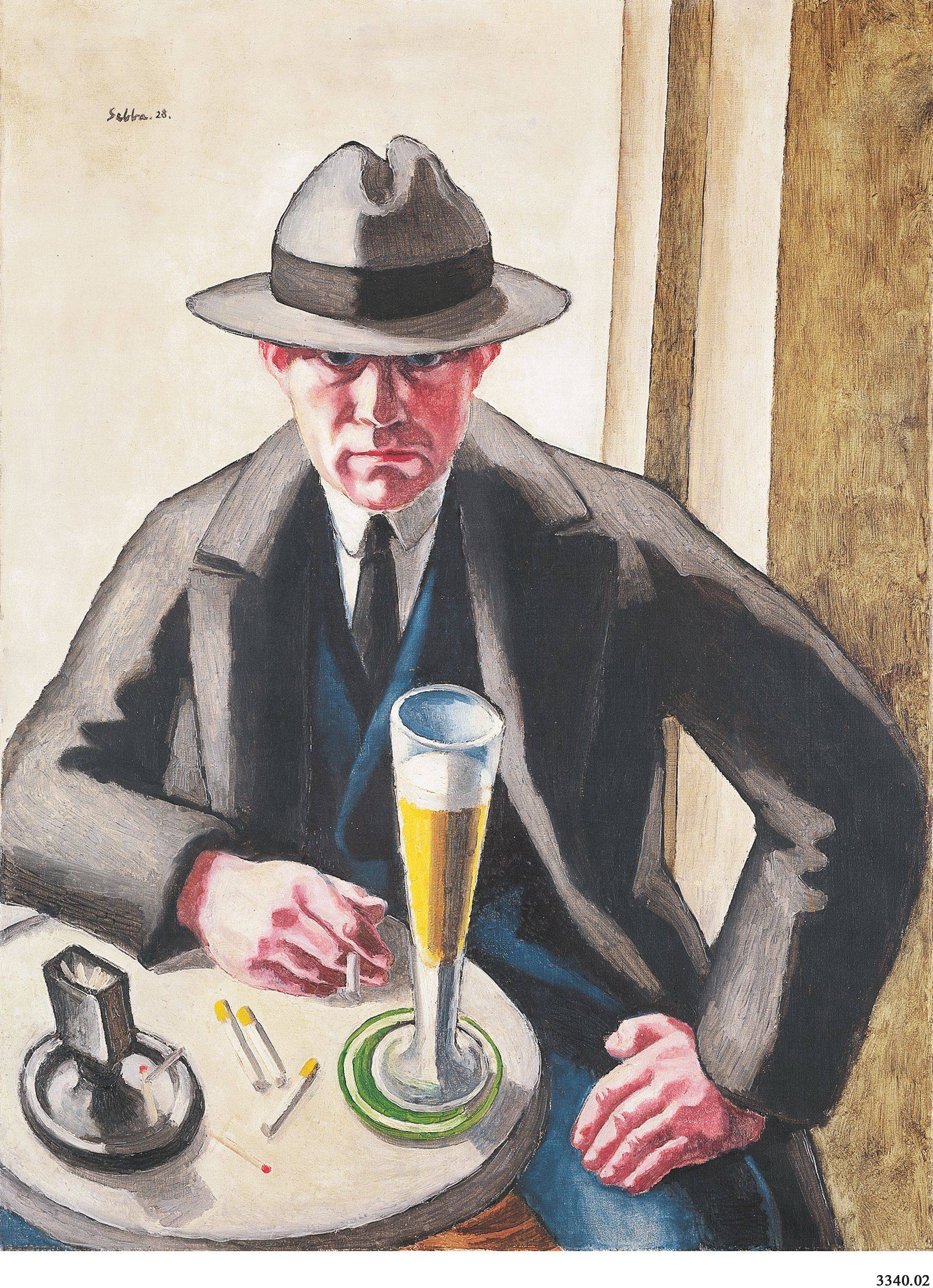 Auf diesem Bild ist das folgende Kunstwerk zu sehen: Siegfried Shalom Sebba. Selbstporträt mit Bierglas. 1928.