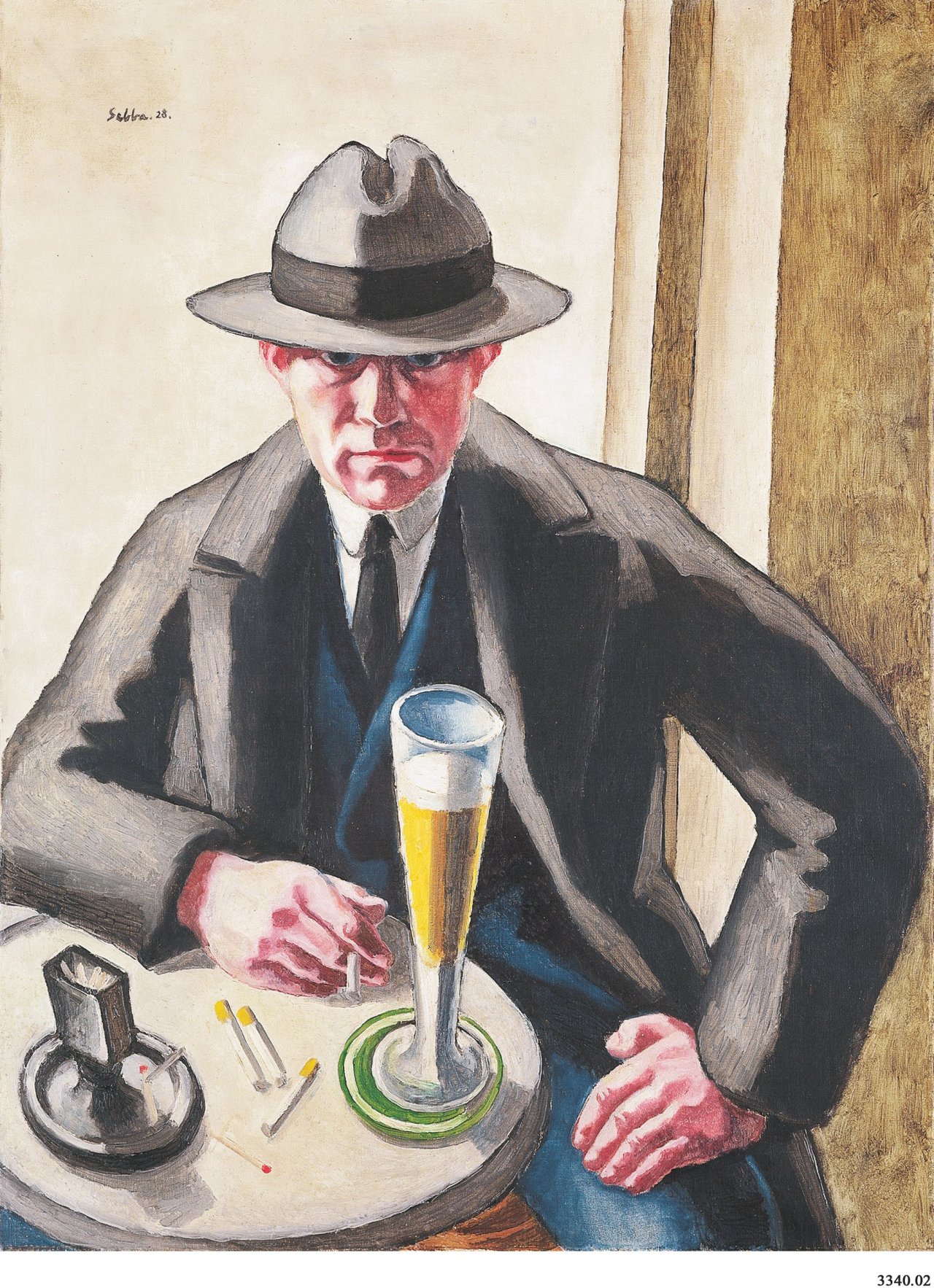 Auf diesem Bild ist das folgende Kunstwerk zu sehen: Siegfried Shalom Sebba. Selbstporträt mit Bierglas. 1928.