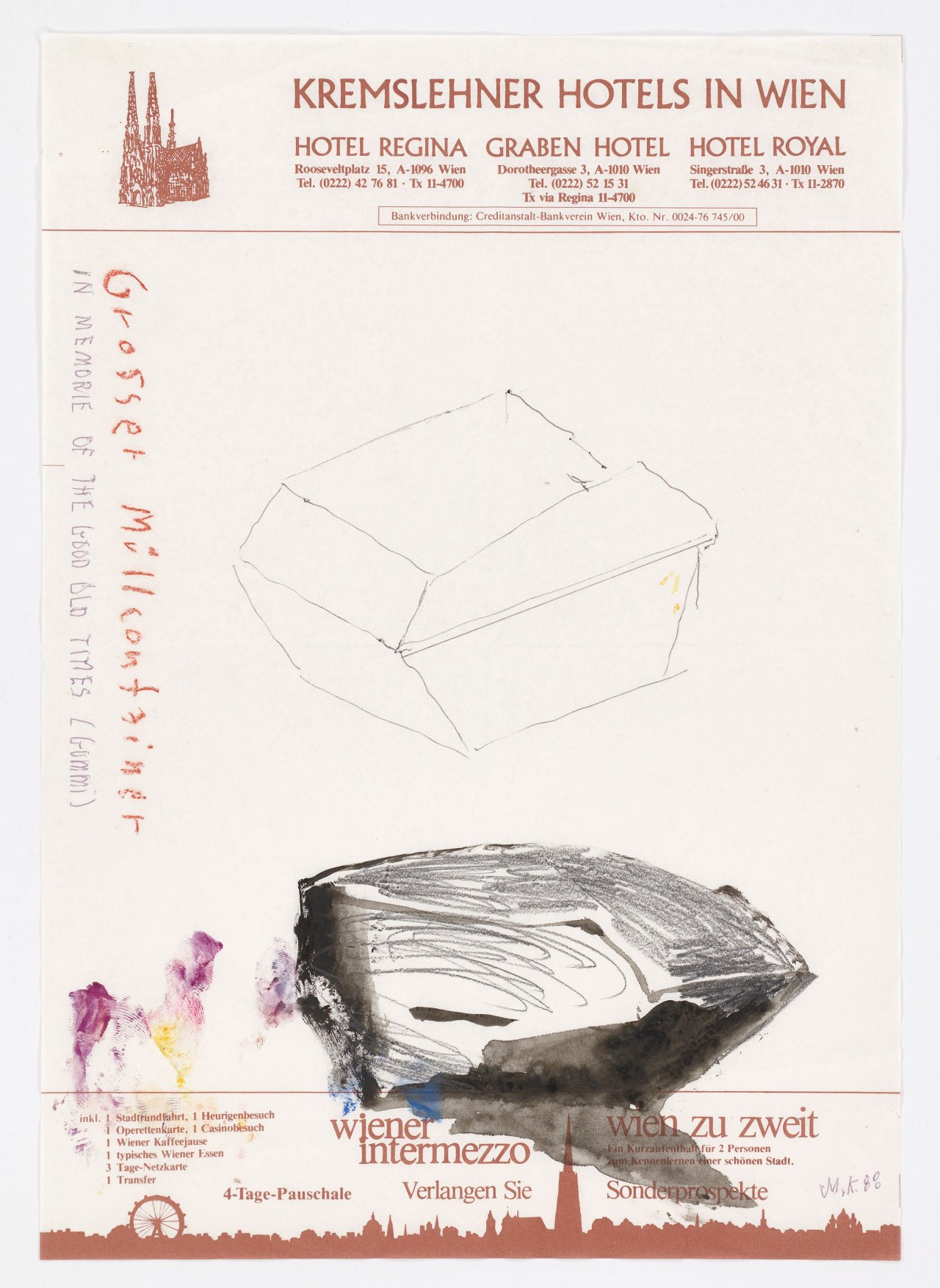 This picture shows the following artwork: Martin Kippenberger. Untitled (Kremslehner Hotels in Vienna / Ristorante Albergo all'Arciduca, Trieste). 1988.