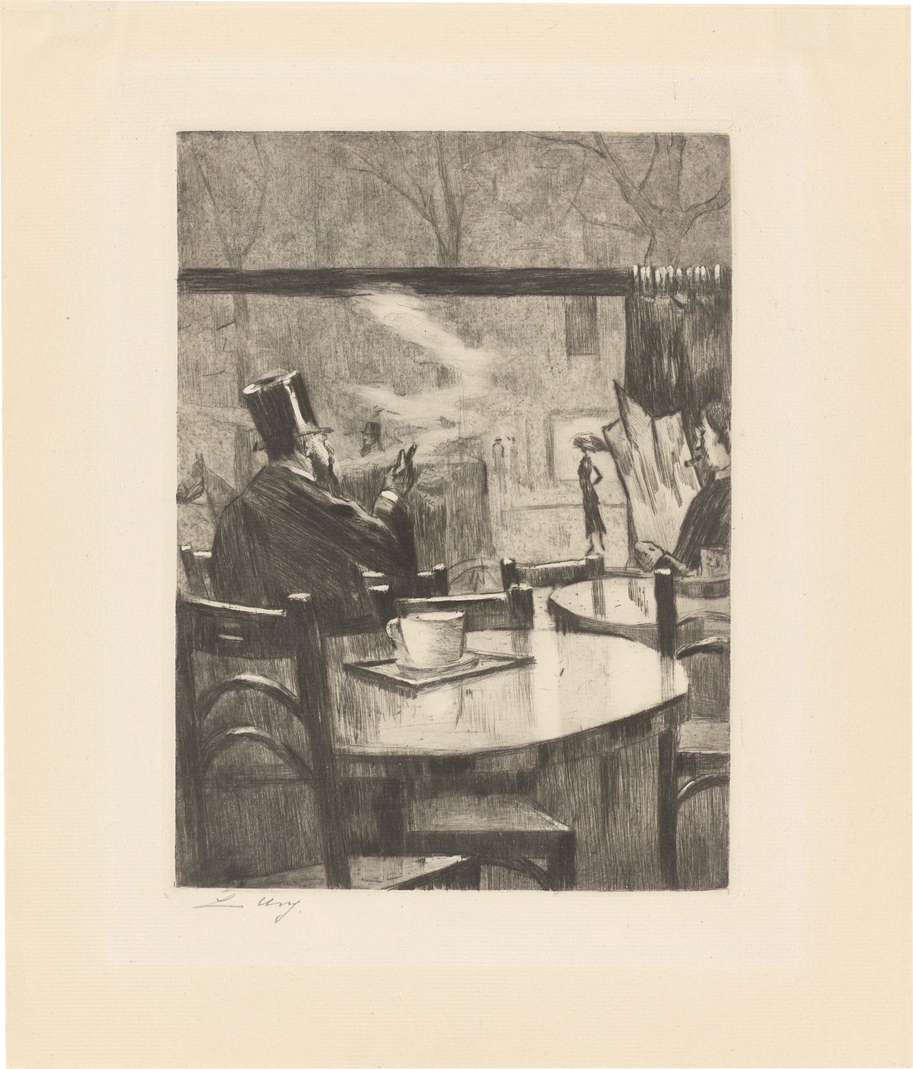 Auf diesem Bild ist das folgende Kunstwerk zu sehen: Lesser Ury. „Herr mit Zylinder vor einem Kaffeehausfenster – in Rückenansicht“. 1923.