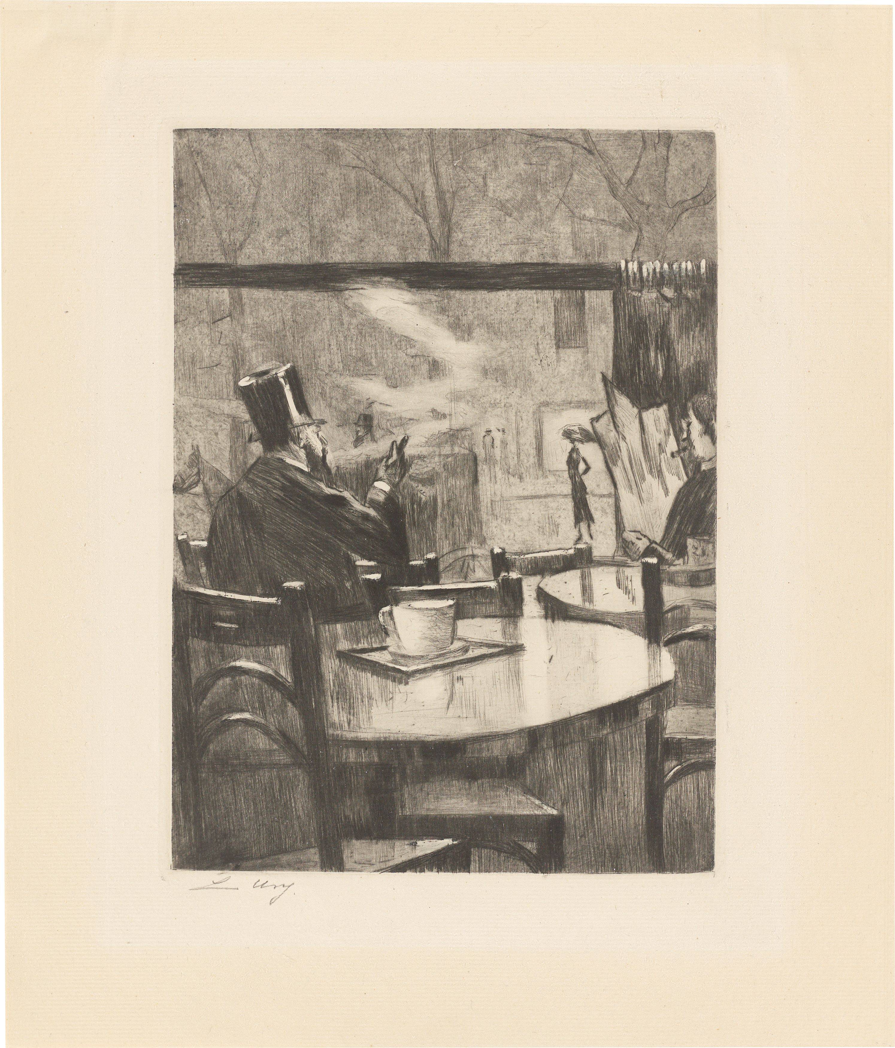 Auf diesem Bild ist das folgende Kunstwerk zu sehen: Lesser Ury. „Herr mit Zylinder vor einem Kaffeehausfenster – in Rückenansicht“. 1923.
