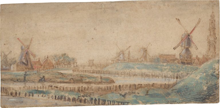 This picture shows the following artwork: Philips Koninck. View over a canal in Amsterdam, Westerkerk on the right. Early 1660s.