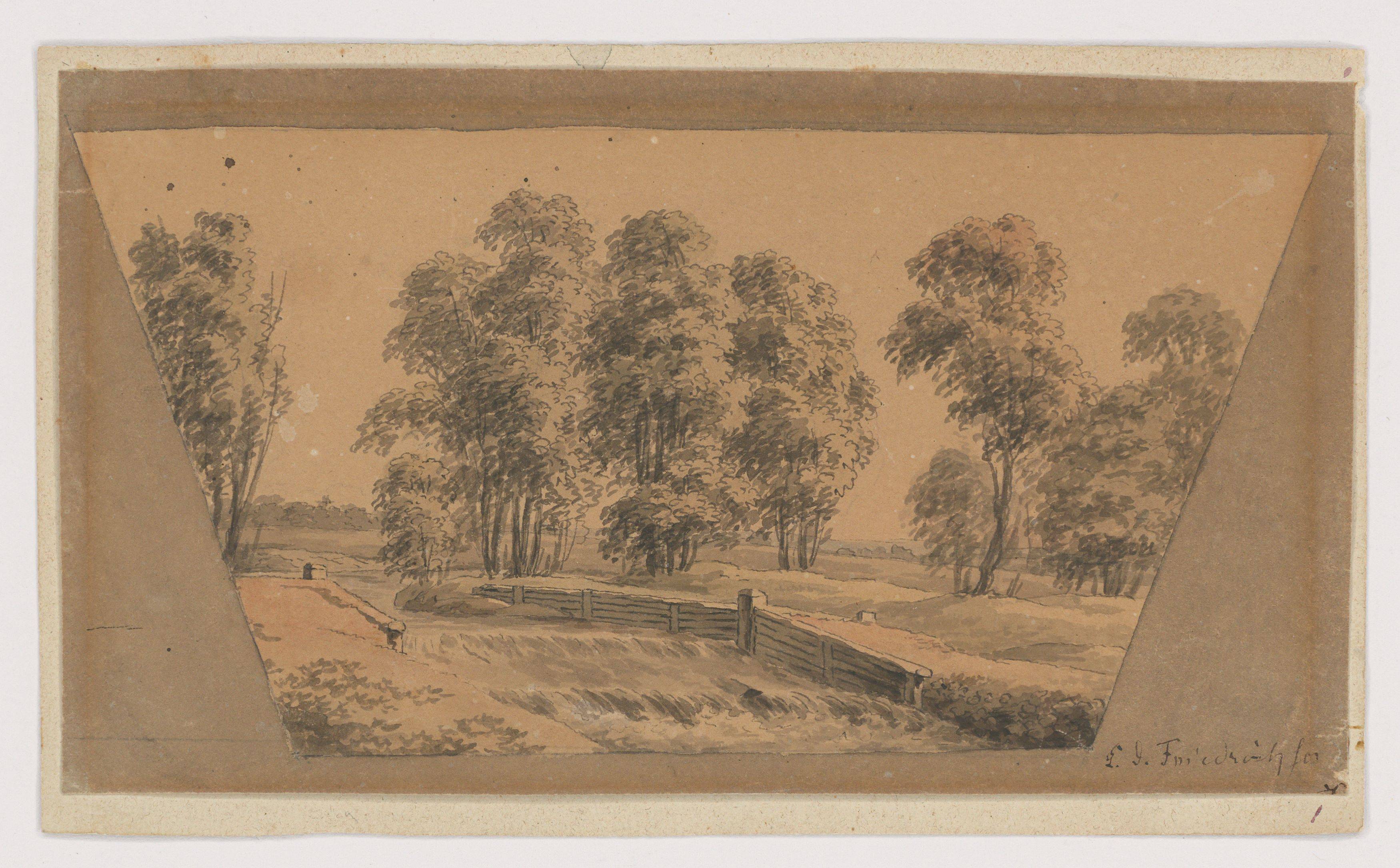 This picture shows the following artwork: Caspar David Friedrich. ”Landschaft mit Wehr”. Circa 1799.