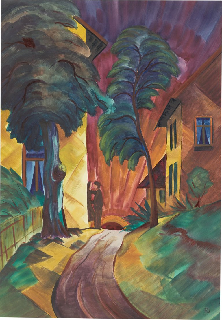 Auf diesem Bild ist das folgende Kunstwerk zu sehen: Christian Arnold. „Liebespaar (Weg zwischen Bäumen und Häusern)“. 1922/23.