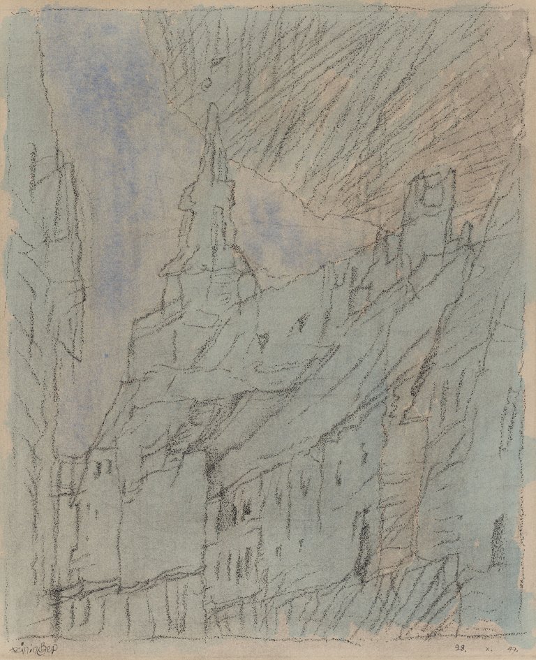 This picture shows the following artwork: Lyonel Feininger. Houses. 1947.