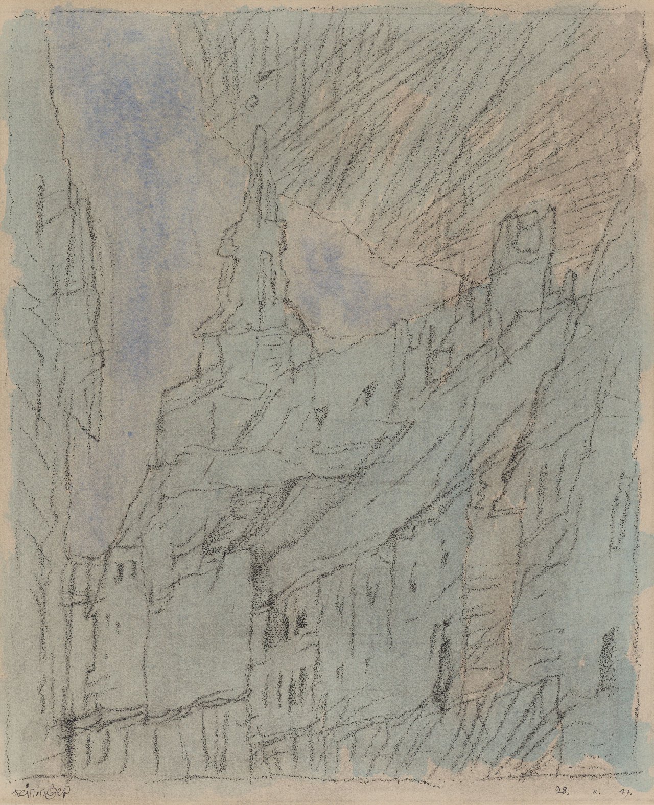 This picture shows the following artwork: Lyonel Feininger. Houses. 1947.