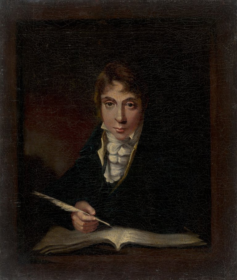 This picture shows the following artwork: English, um 1800. Portrait of a young man with quill.