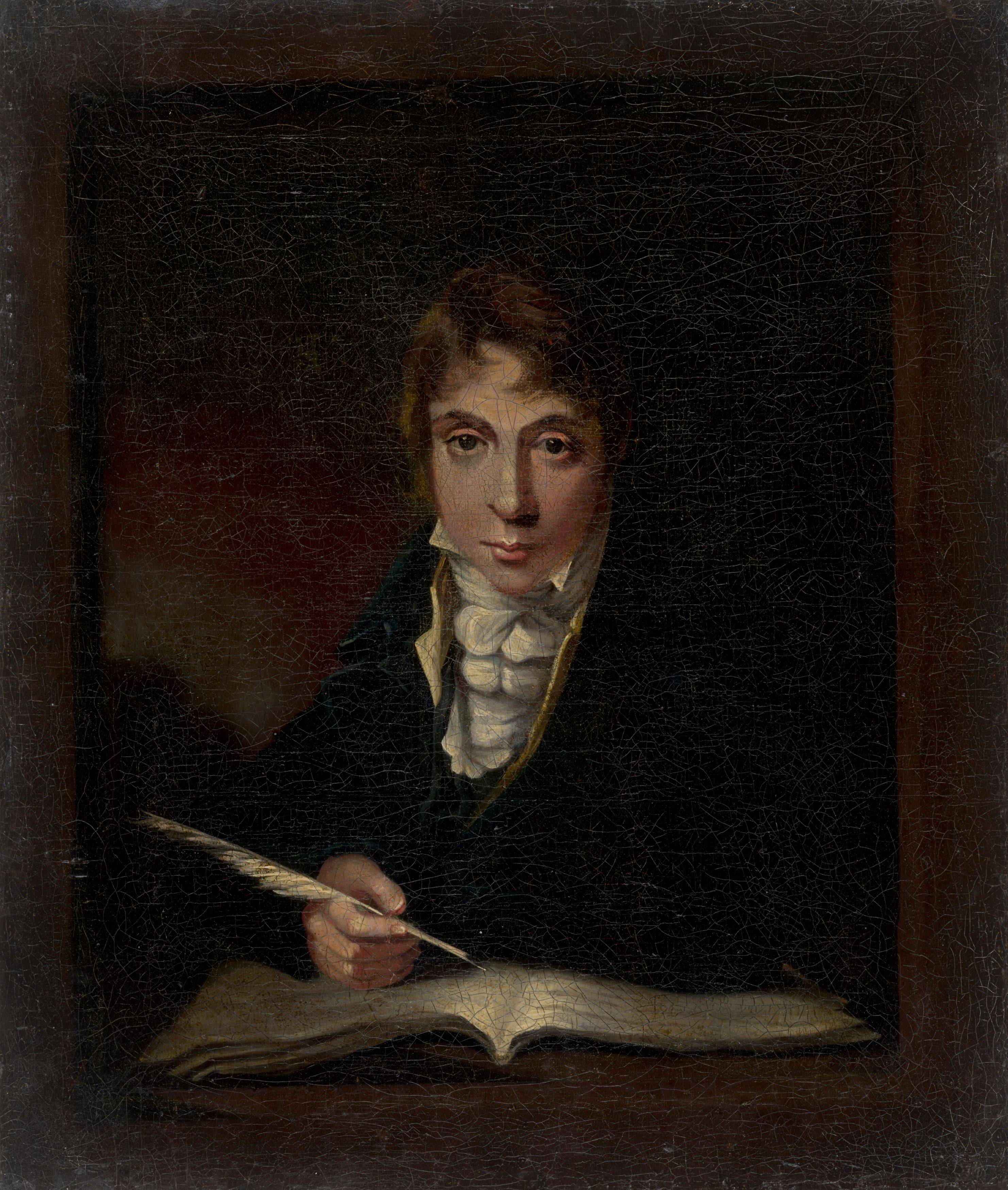 This picture shows the following artwork:  English, um 1800. Portrait of a young man with quill.