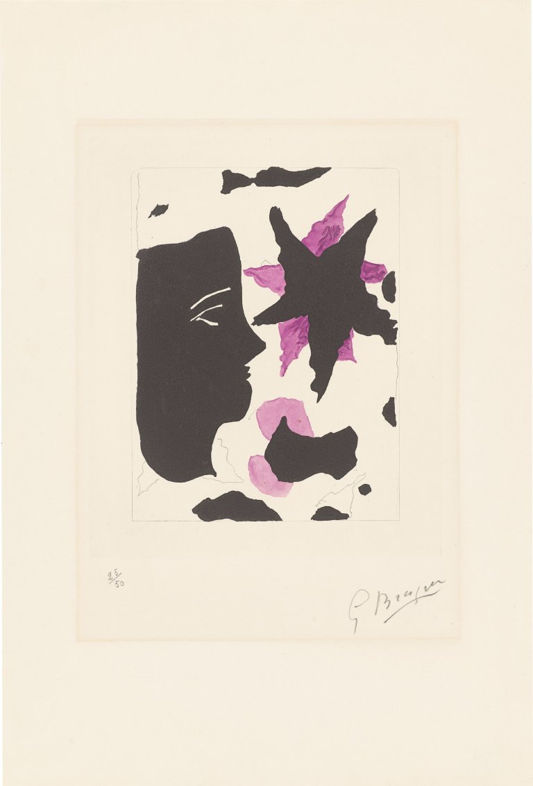 Auf diesem Bild ist das folgende Kunstwerk zu sehen: Georges Braque. „Tête en profil et l’étoile (mauve)“. 1960.