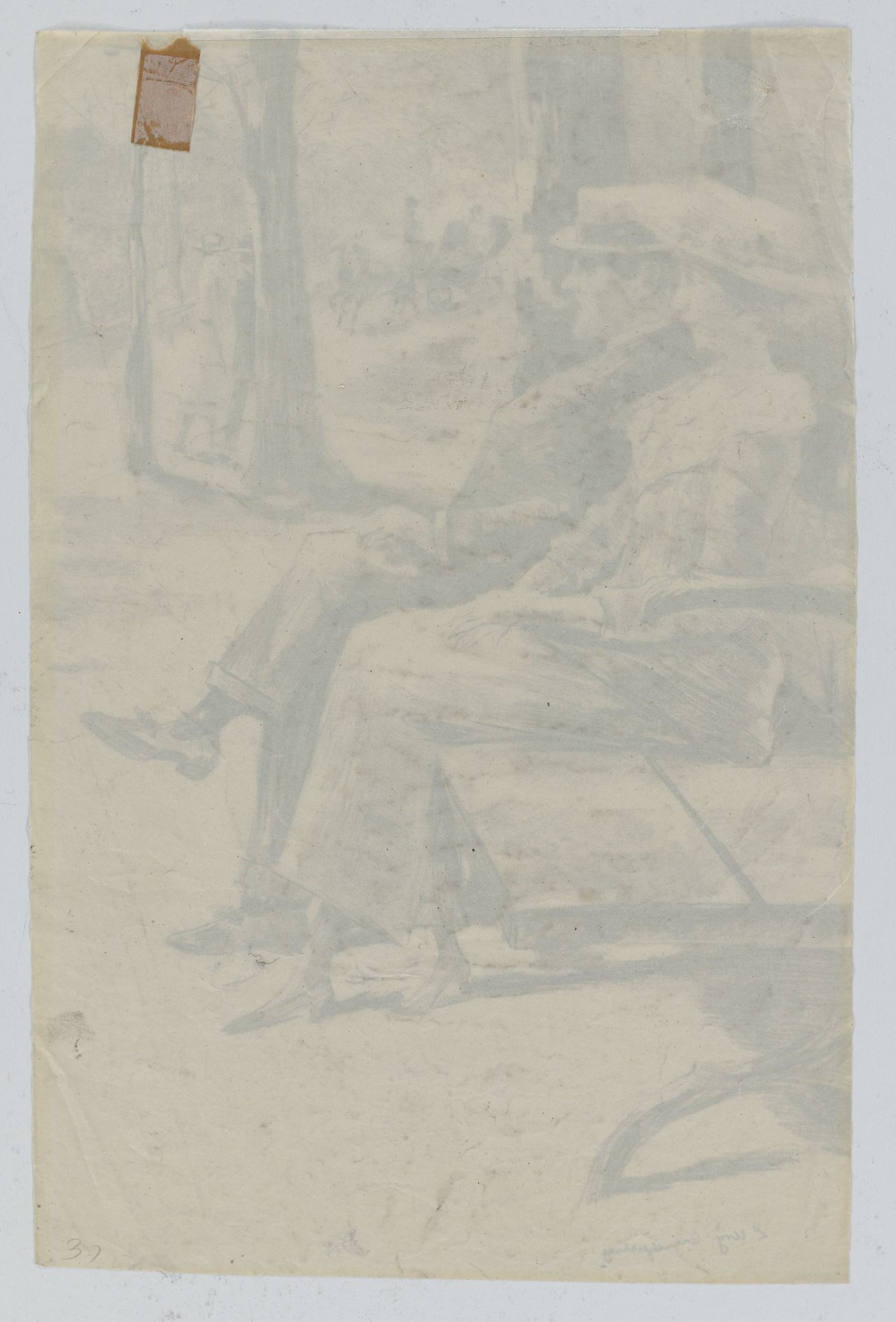 This picture shows the following artwork: Lesser Ury. ”Dame und rauchender Herr auf einer Bank im Tiergarten”. Circa 1920.