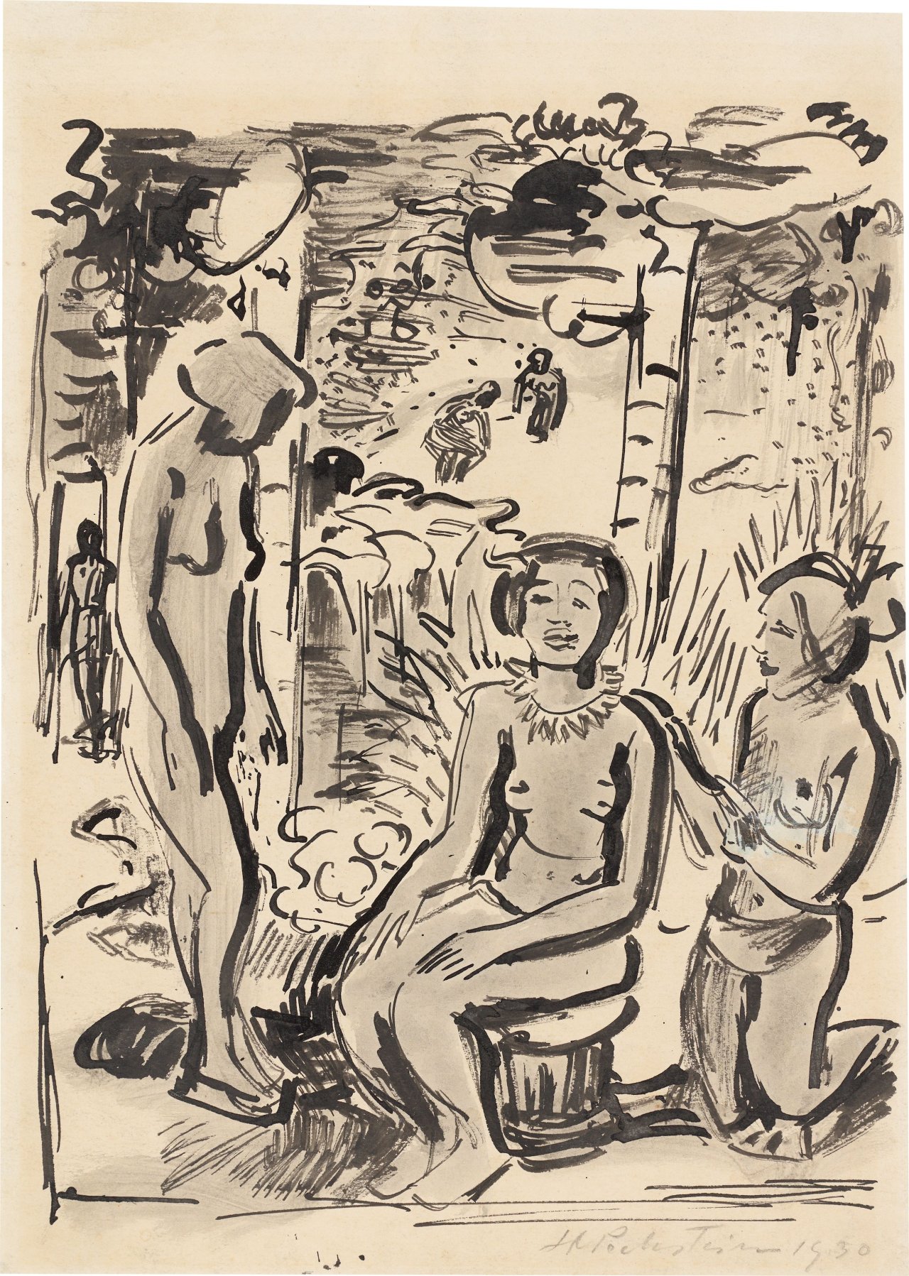 Auf diesem Bild ist das folgende Kunstwerk zu sehen: Max Pechstein. „Drei Akte (Palau)“. 1930.