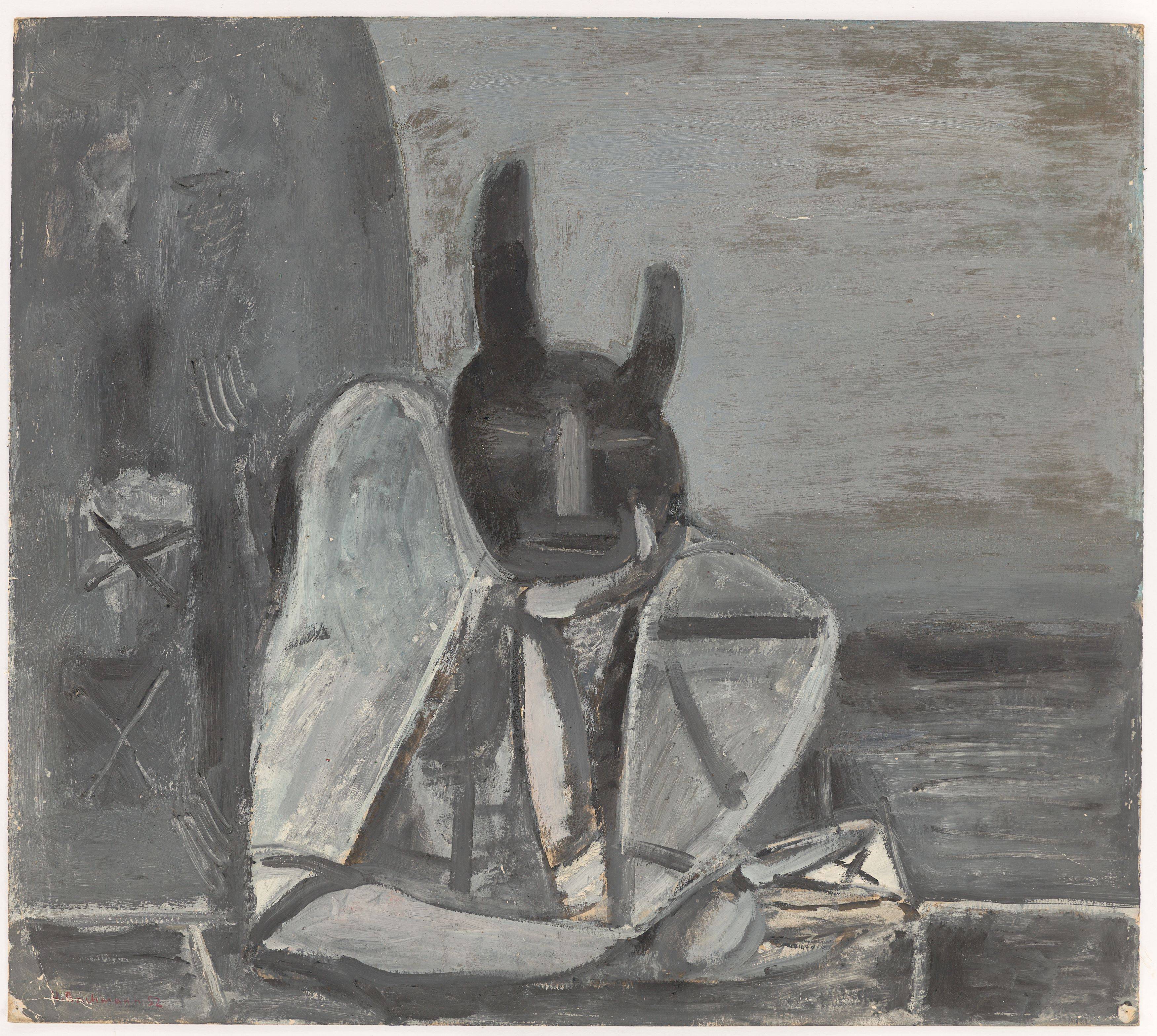 This picture shows the following artwork: Hermann Bachmann. Figure with mask. 1952/53.