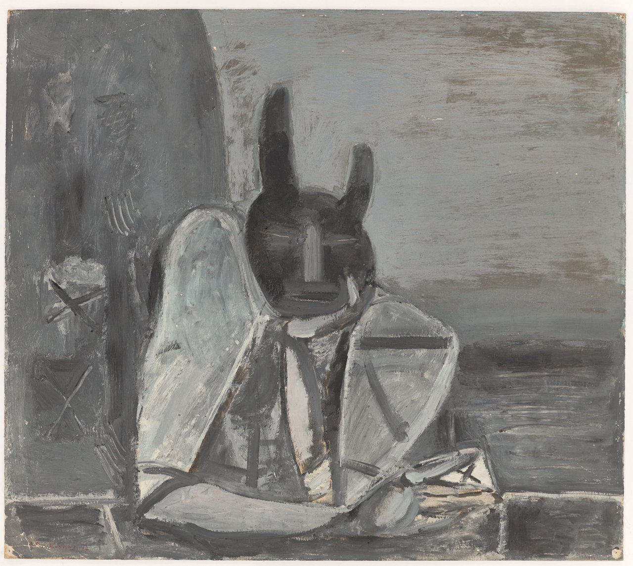 This picture shows the following artwork: Hermann Bachmann. Figure with mask. 1952/53.