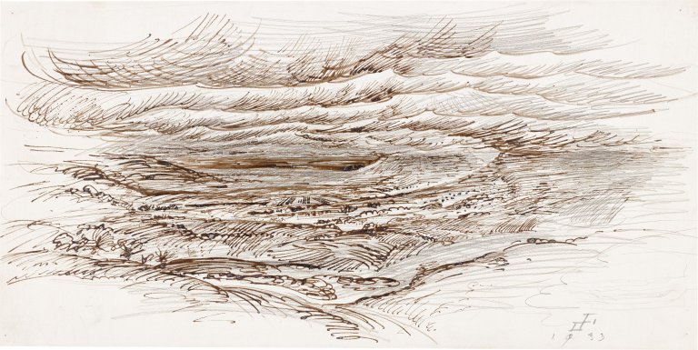 Auf diesem Bild ist das folgende Kunstwerk zu sehen: Otto Dix. „Wolkenverhängtes Tal (Weite Landschaft)“. 1933.