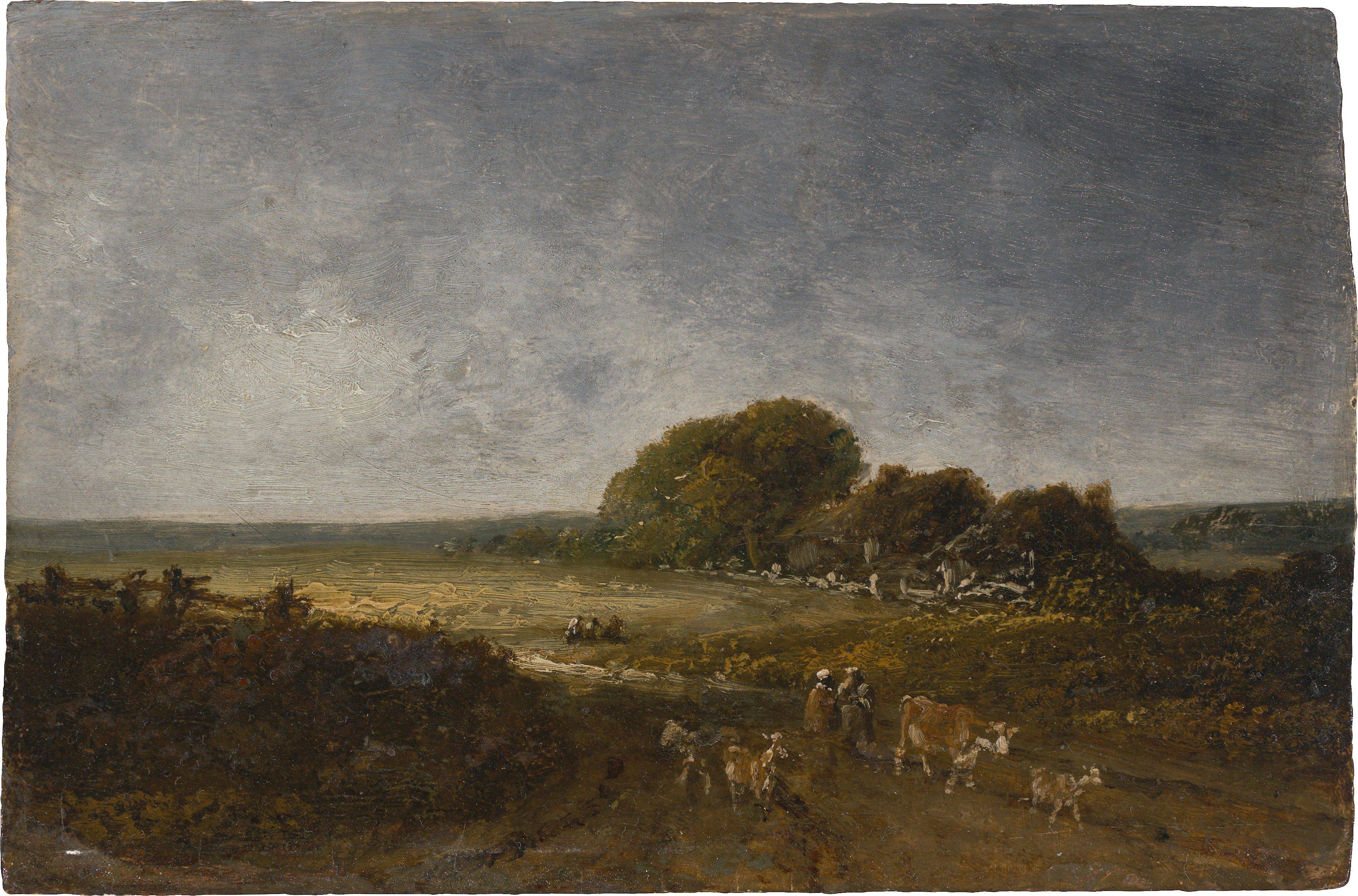 Auf diesem Bild ist das folgende Kunstwerk zu sehen: Georges Michel. Weite Landschaft mit Kuhherde.