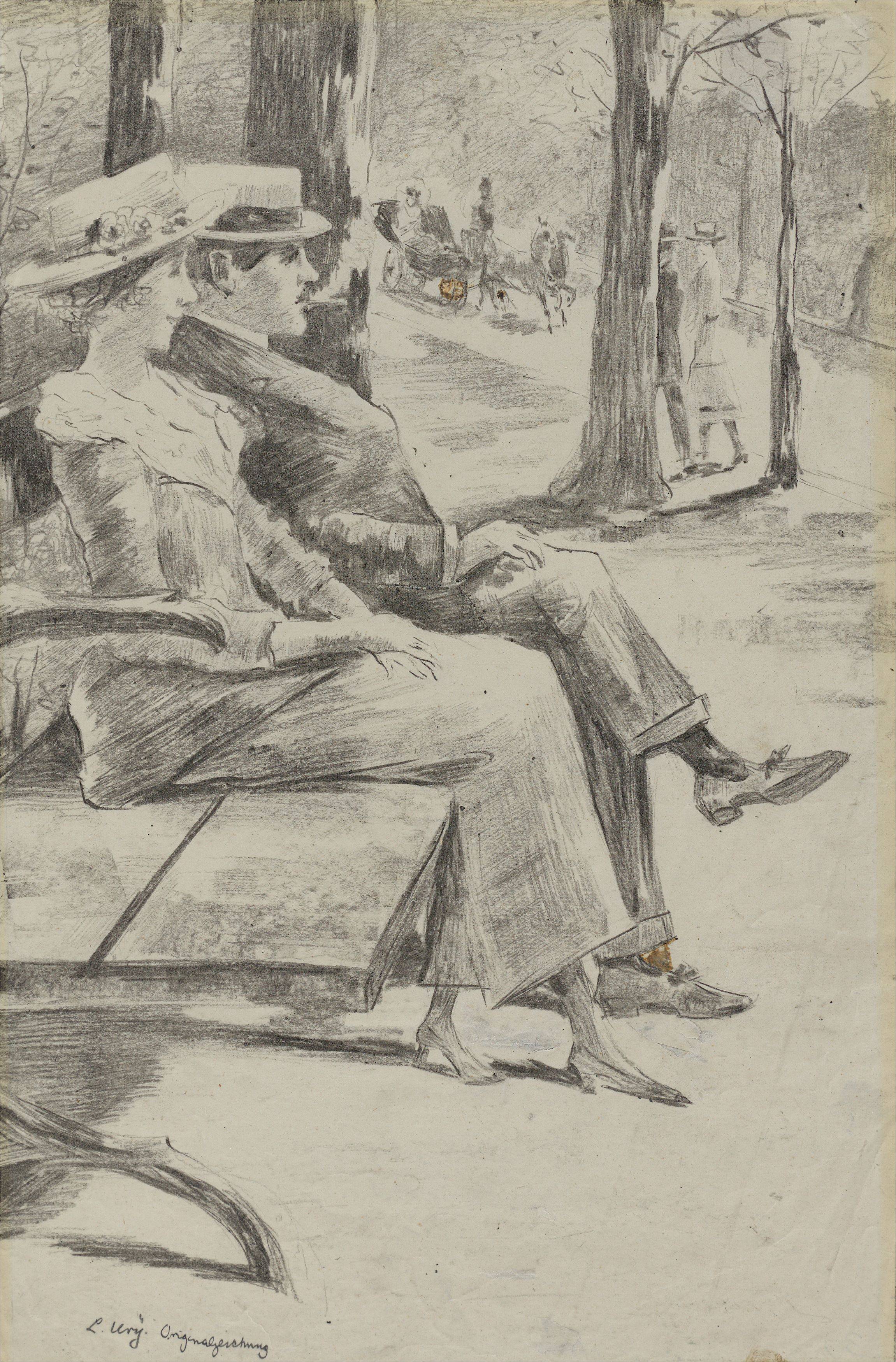 This picture shows the following artwork: Lesser Ury. ”Dame und rauchender Herr auf einer Bank im Tiergarten”. Circa 1920.