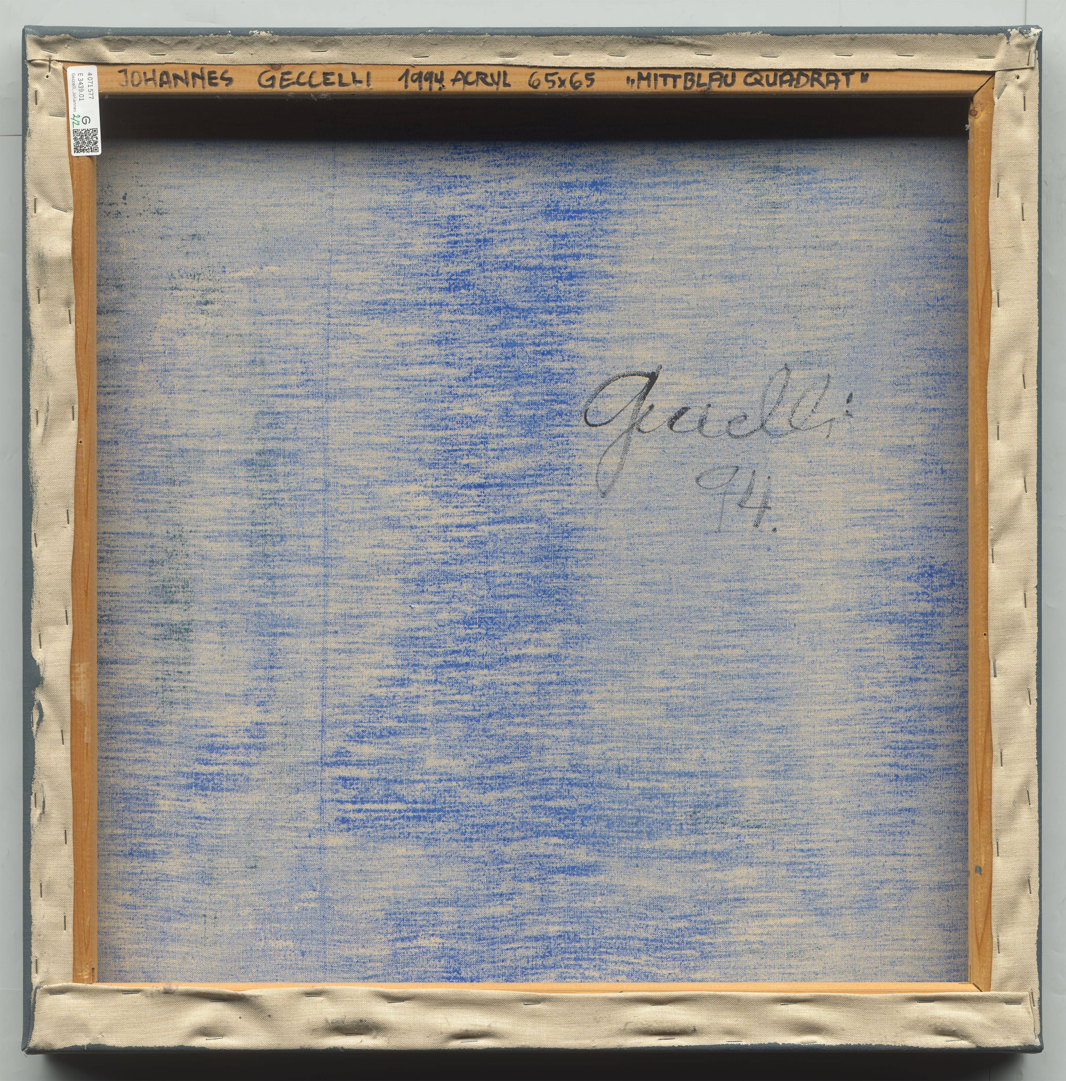 Auf diesem Bild ist das folgende Kunstwerk zu sehen: Johannes Geccelli. „MITTBLAU QUADRAT“ / „BLAURAND QUADRAT“. 1994.