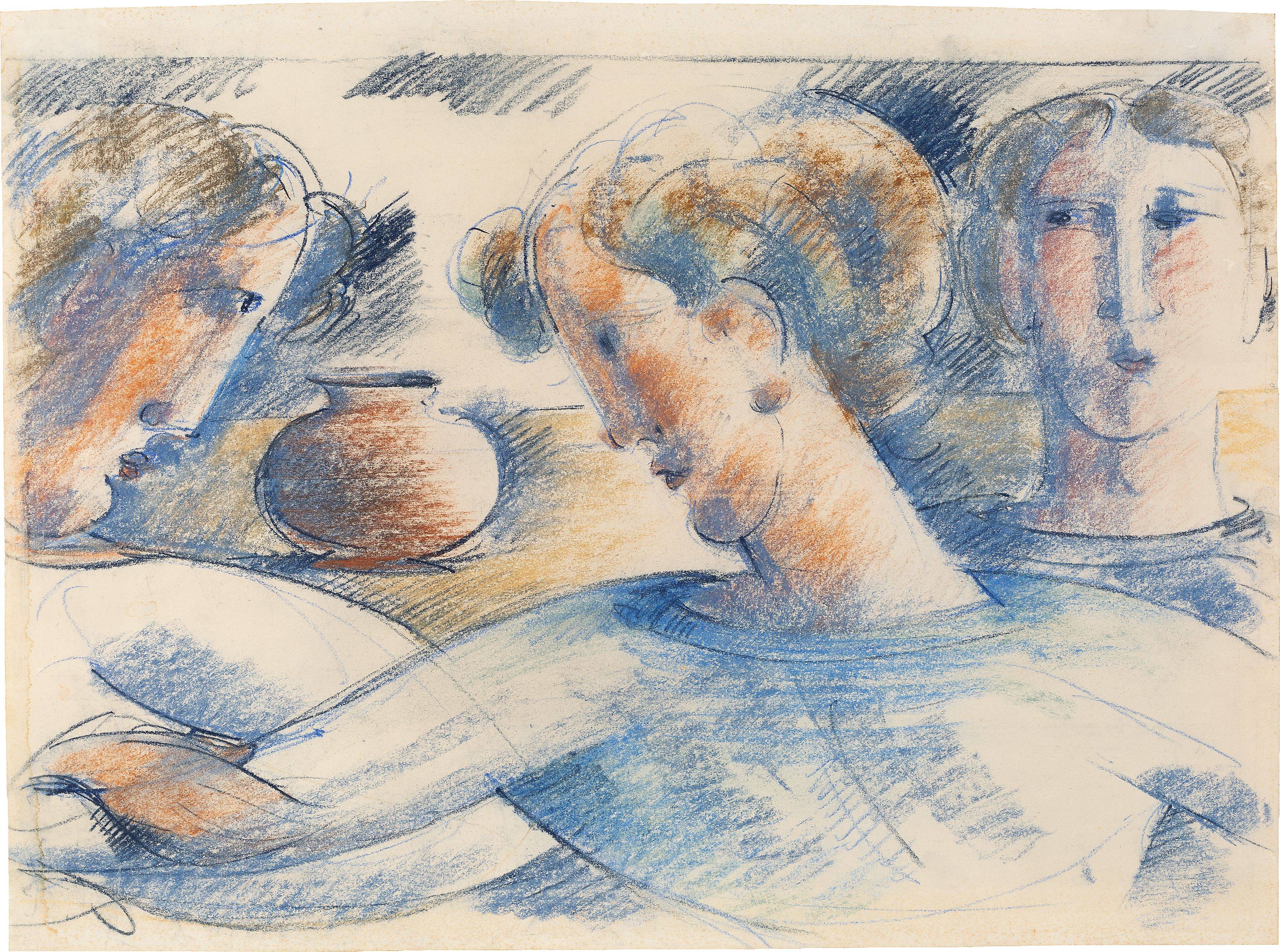 Auf diesem Bild ist das folgende Kunstwerk zu sehen: Oskar Schlemmer. „Freundesgruppe mit Tisch und Vase“. 1935.